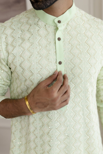 Lucknowi Kurta In Mint Green