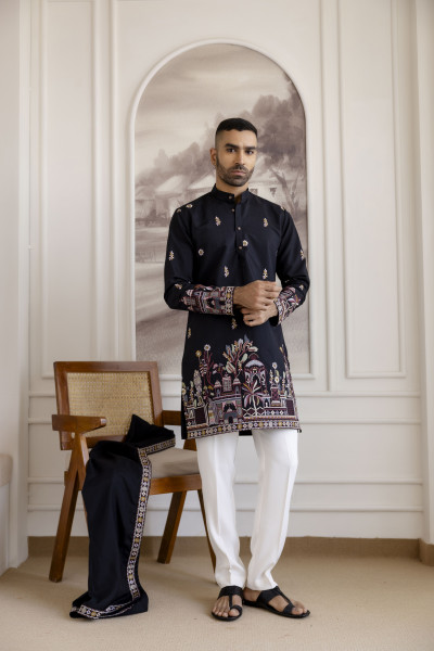 Embroidered Kurta With Dupatta In Black