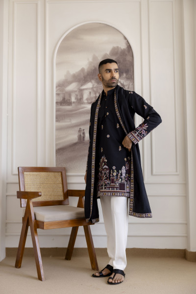 Embroidered Kurta With Dupatta In Black