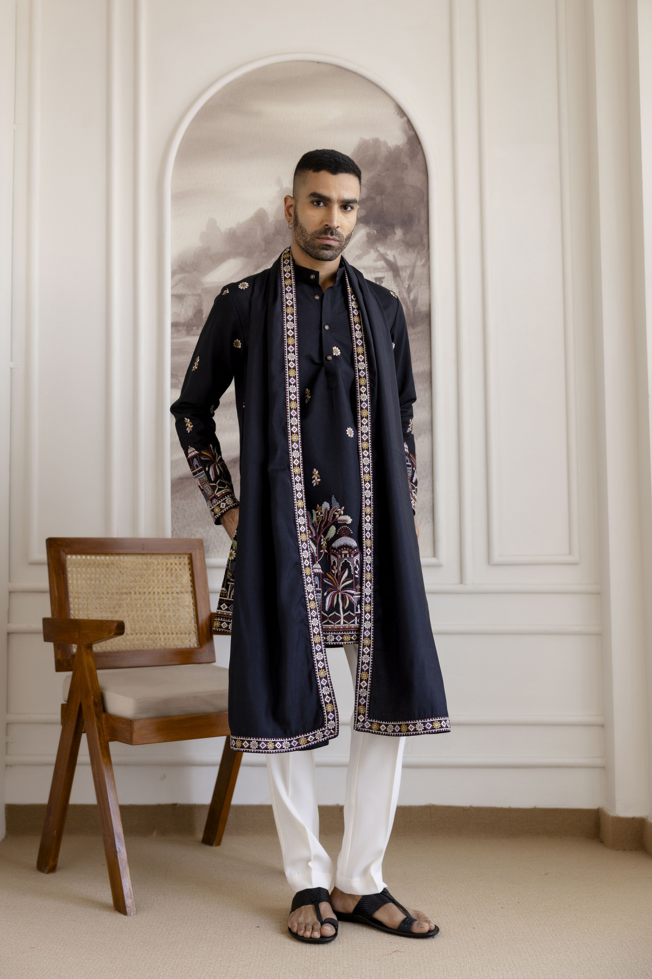 Embroidered Kurta With Dupatta In Black