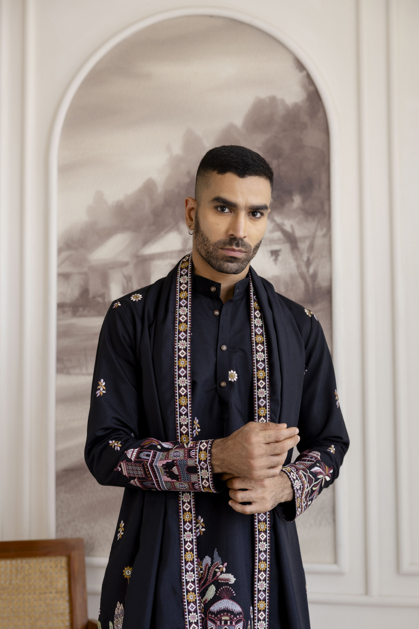 Embroidered Kurta With Dupatta In Black