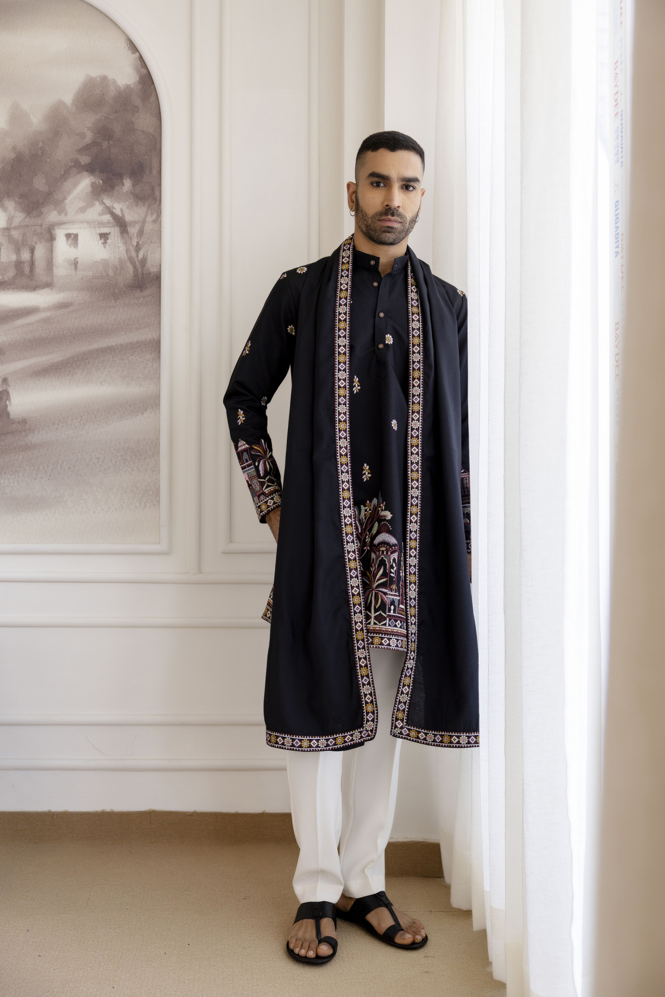 Embroidered Kurta With Dupatta In Black
