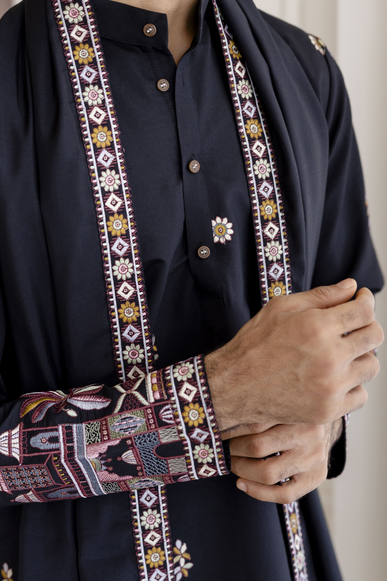Embroidered Kurta With Dupatta In Black