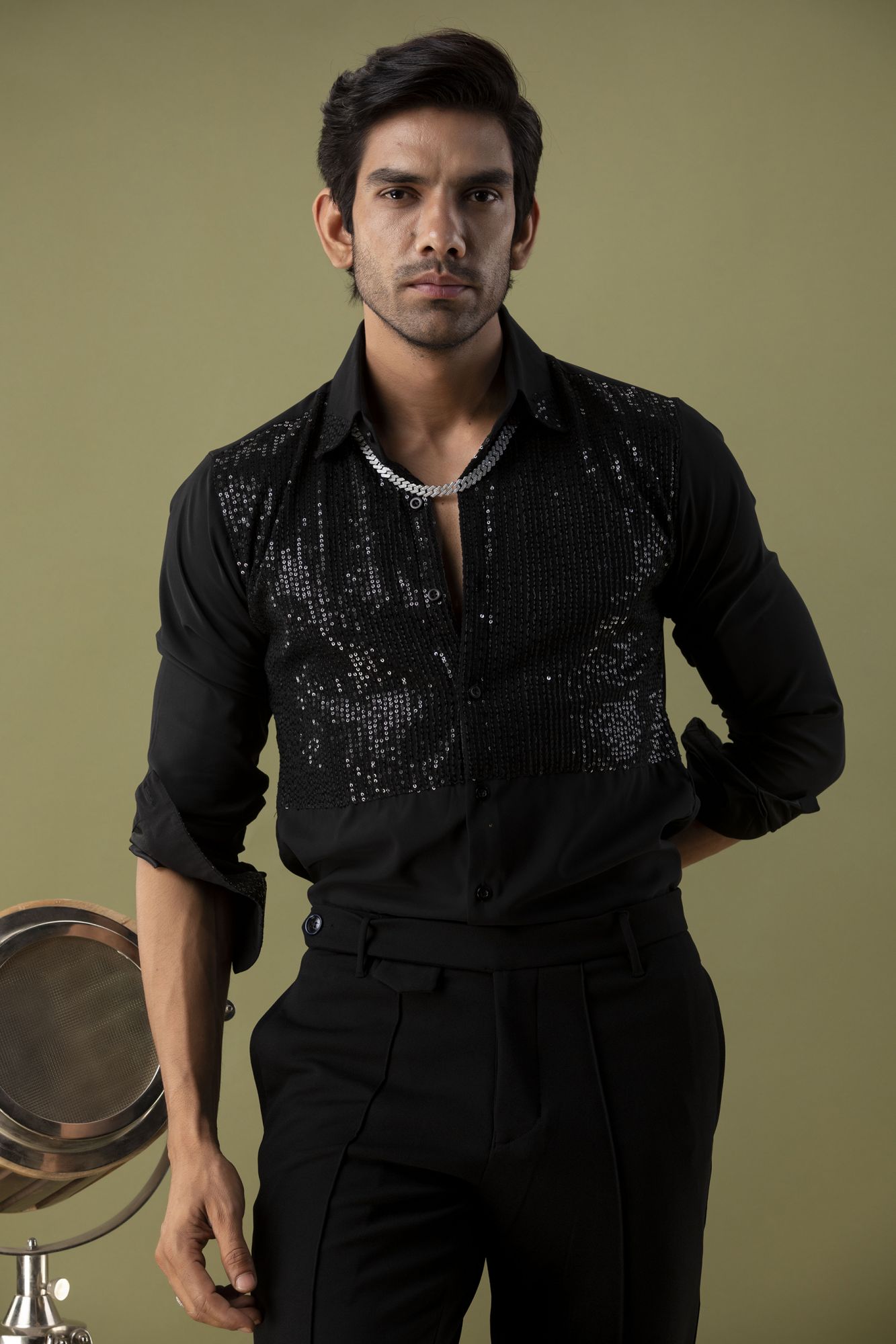 black sequin dress shirt Black Sequins Glitter Dress Shirt Mens Long Sleeve Button Down Party Dance Shirt