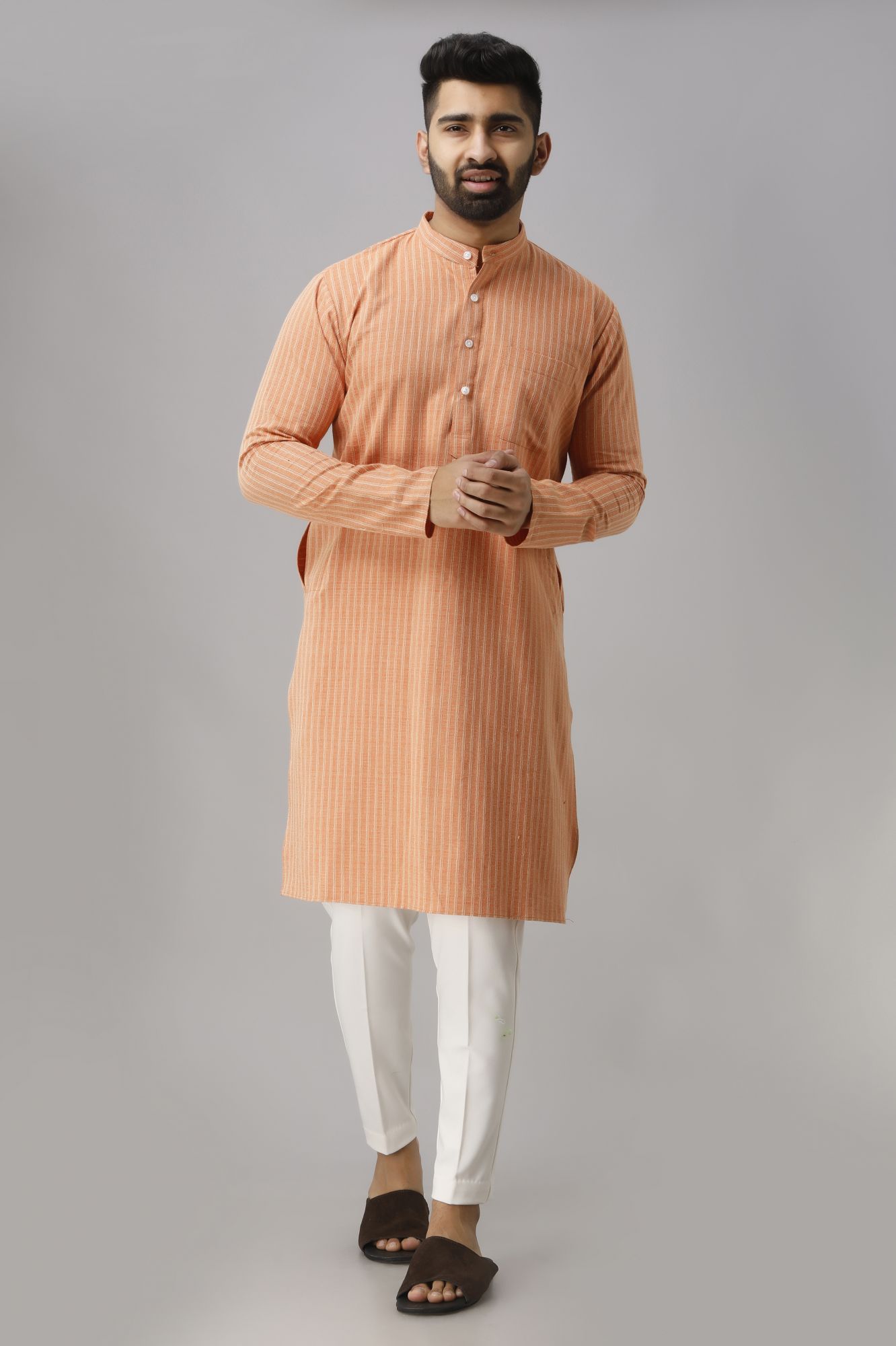 Mens Textured Orange Kurta