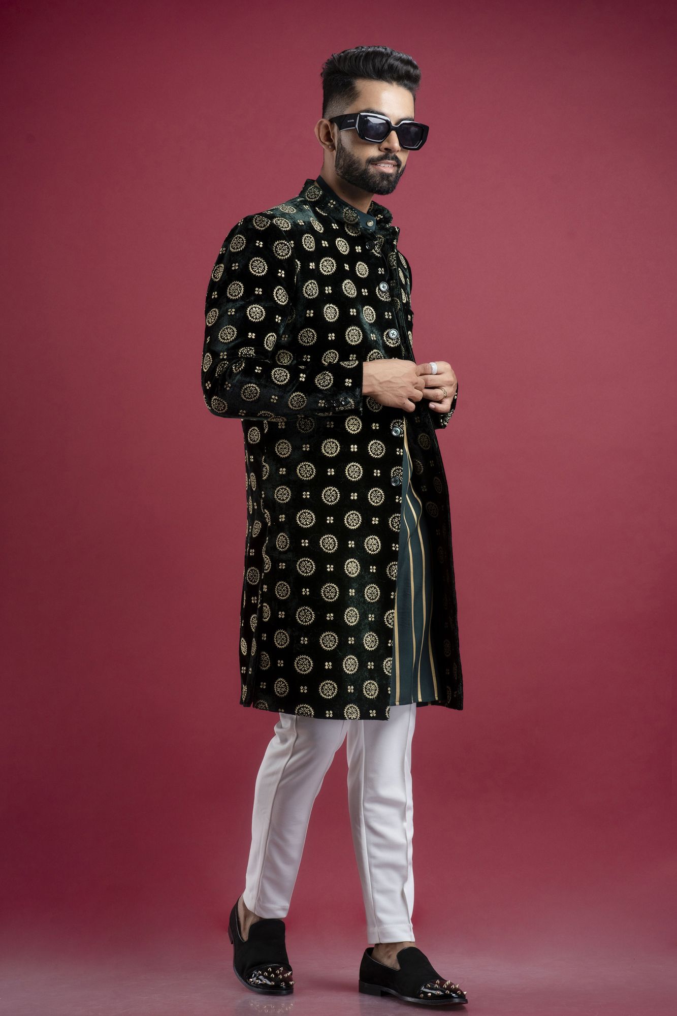 Velvet Bandhgala In Green