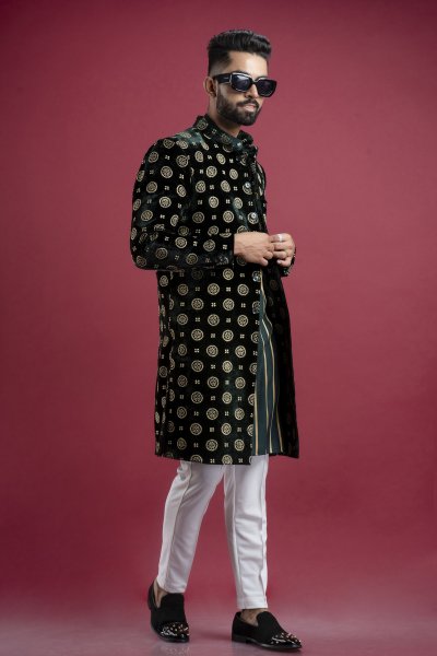 Velvet Bandhgala In Green