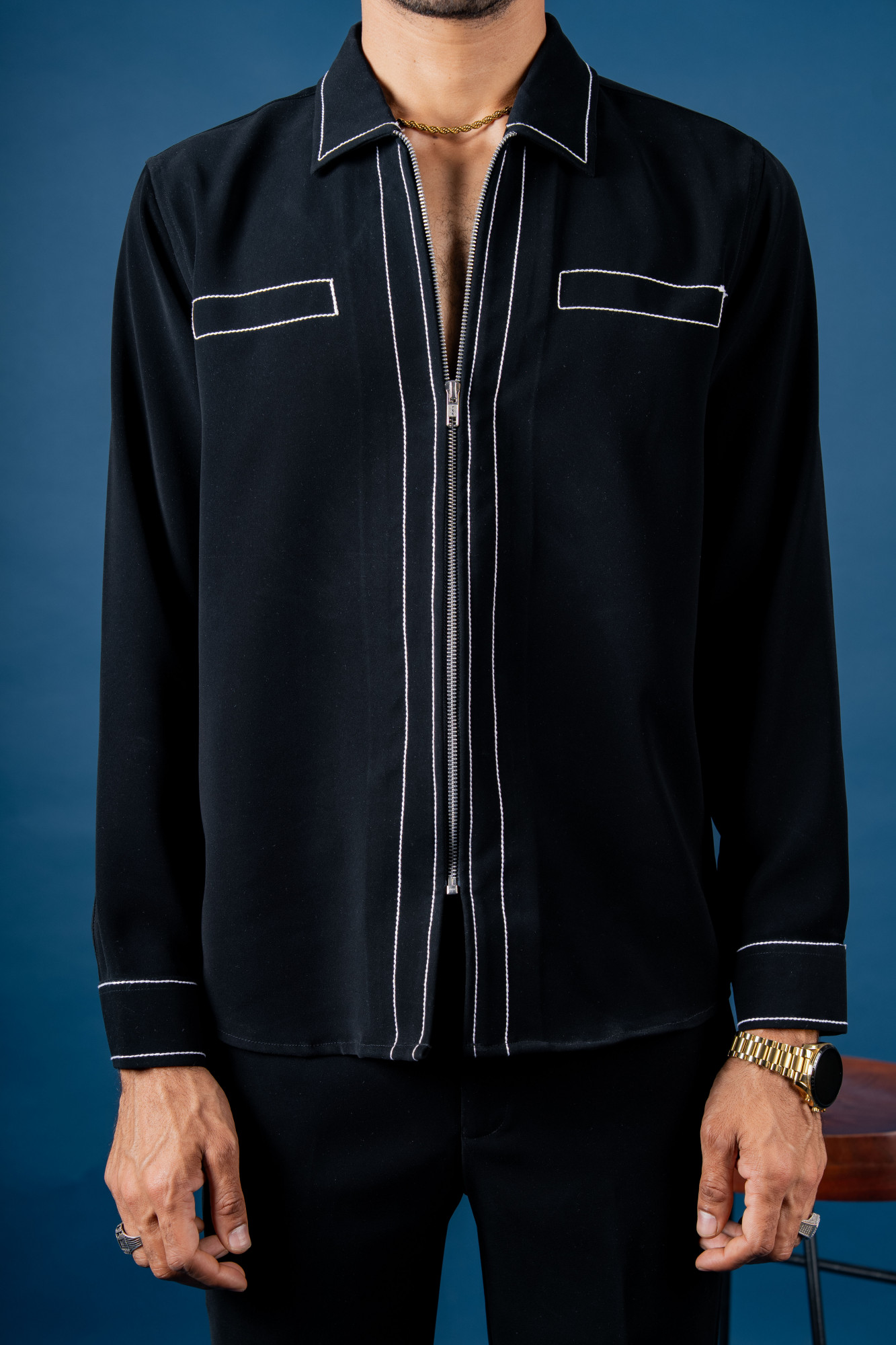 Zed Black Tericott Threaded Zip Shirt