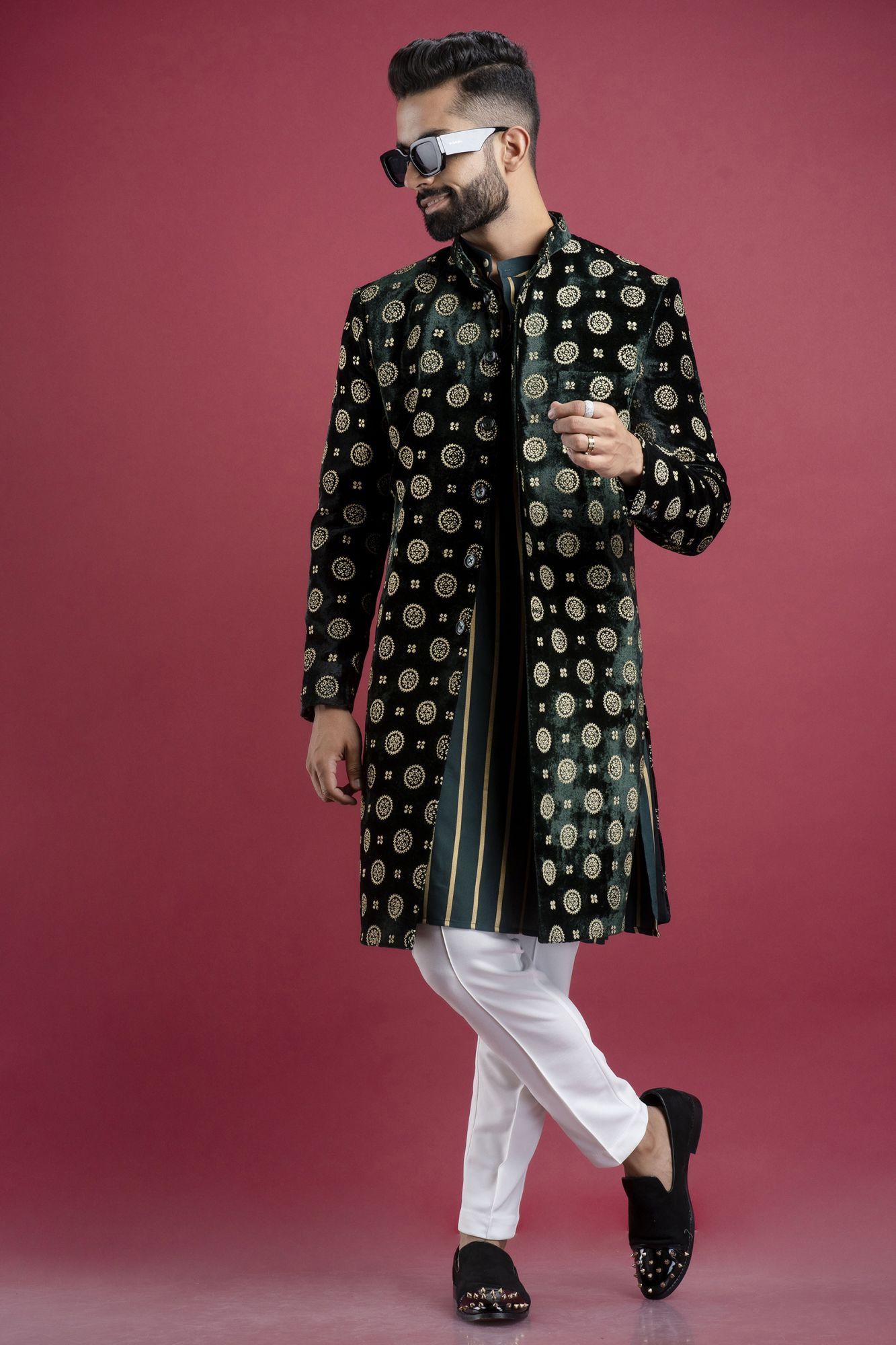 Velvet Bandhgala In Green