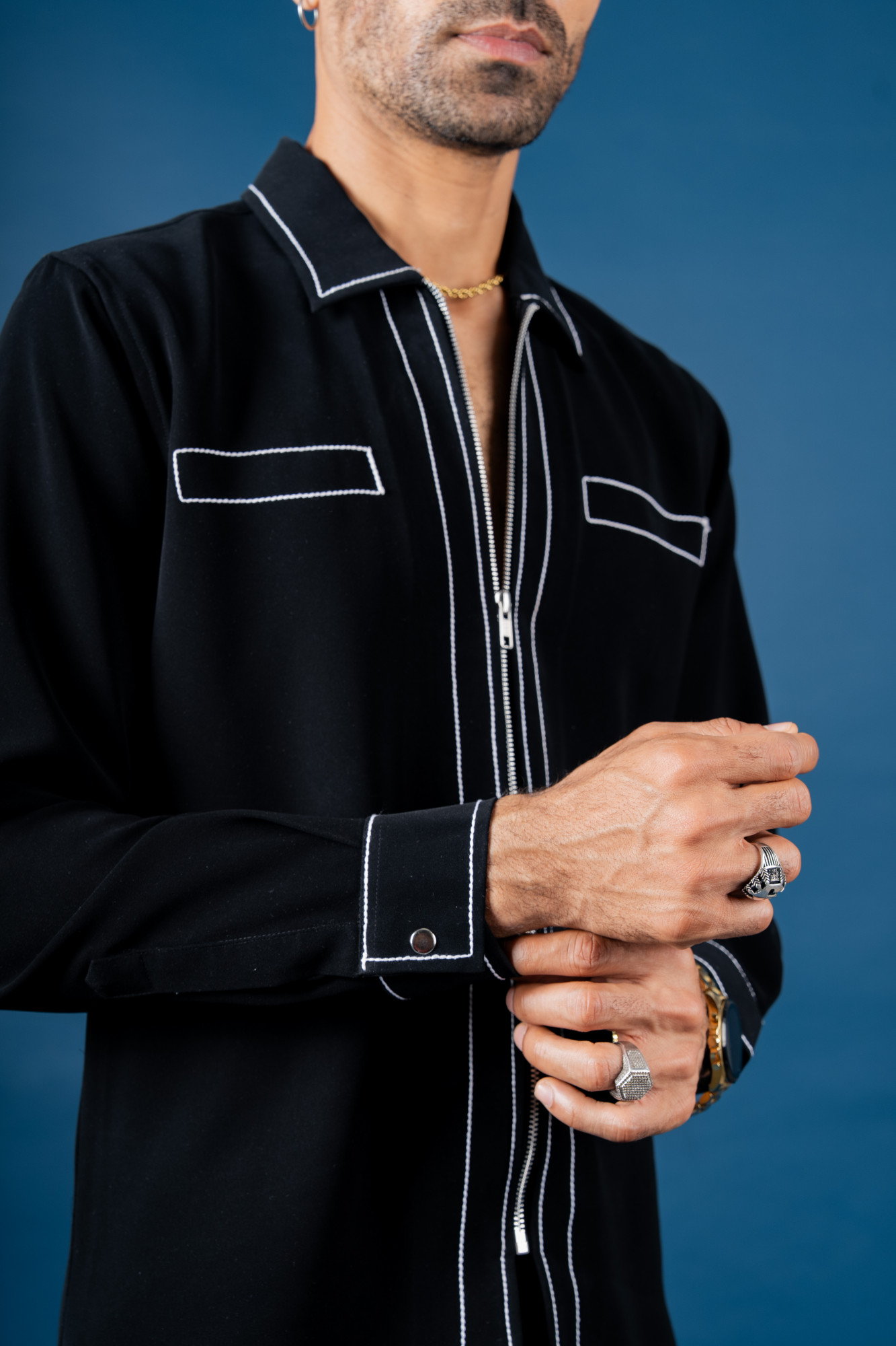 Zed Black Tericott Threaded Zip Shirt