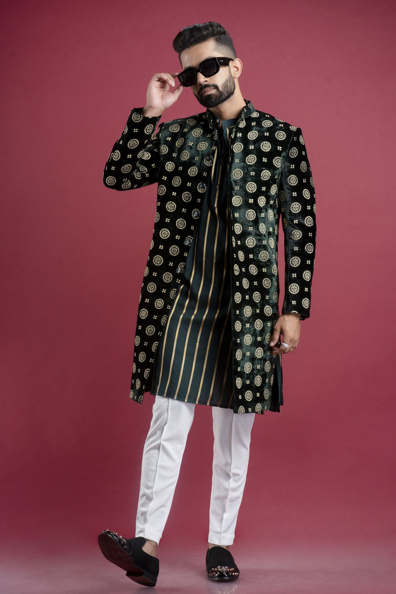 Velvet Bandhgala In Green