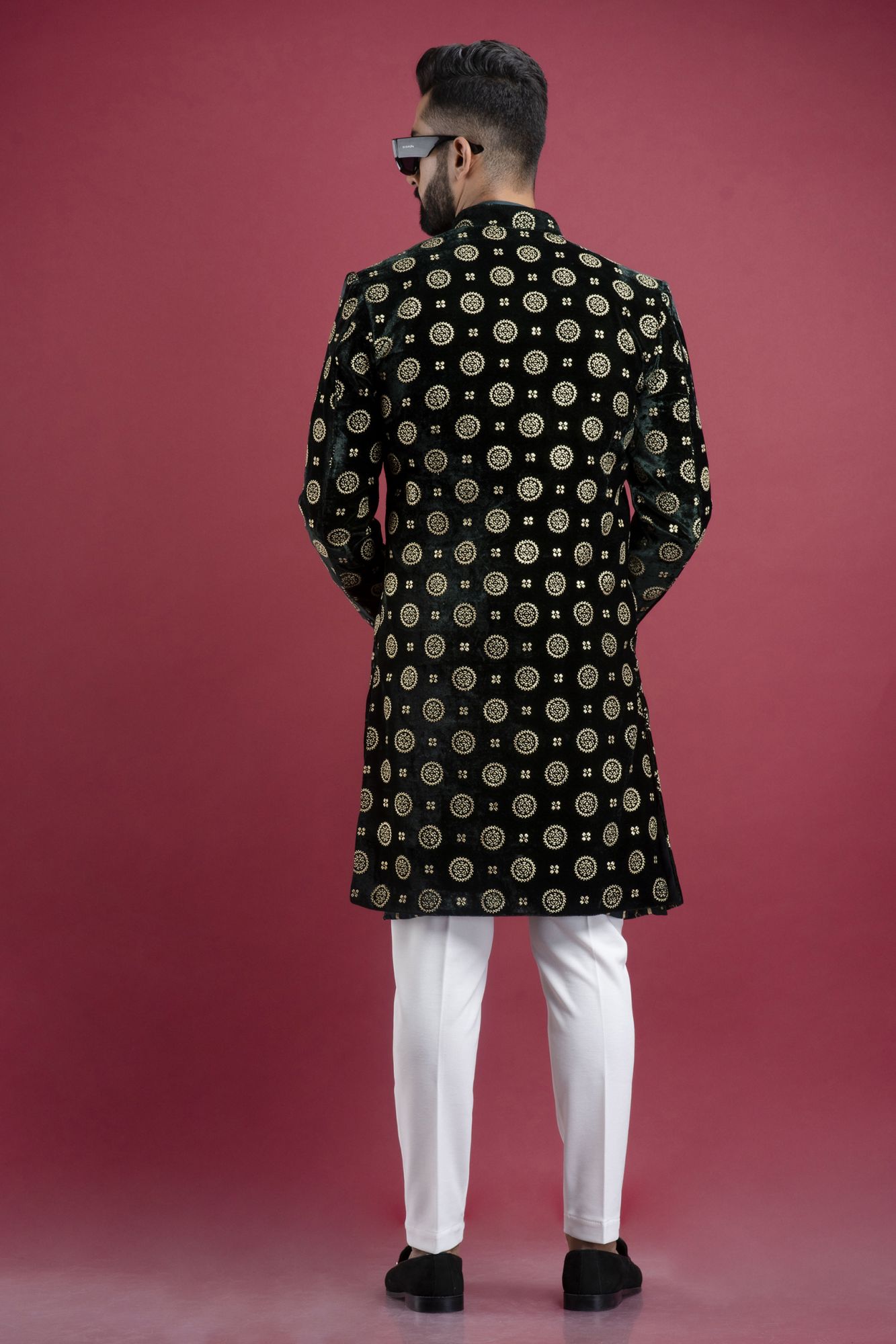 Velvet Bandhgala In Green