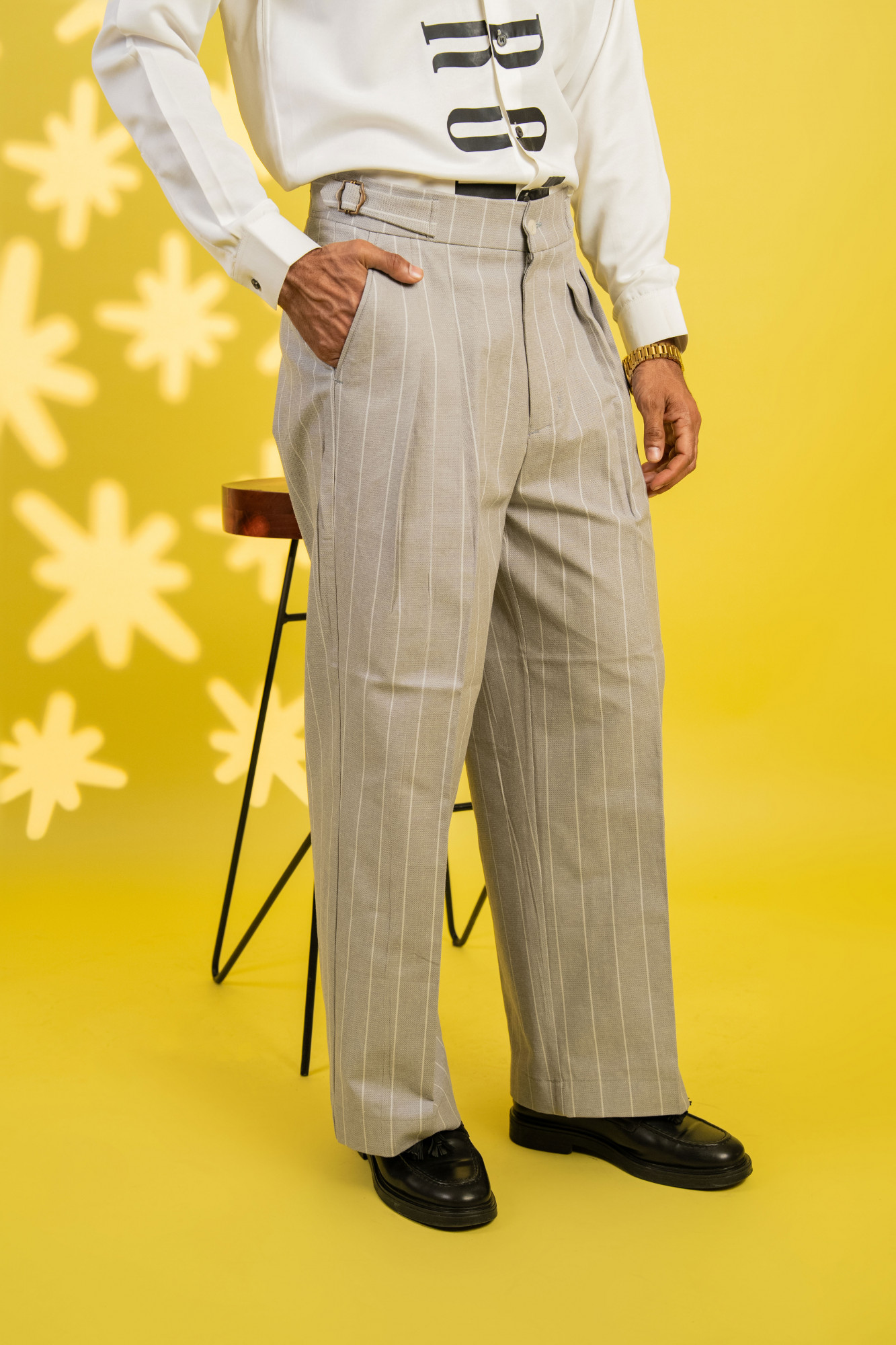 Wide Leg Striped Pants In Grey