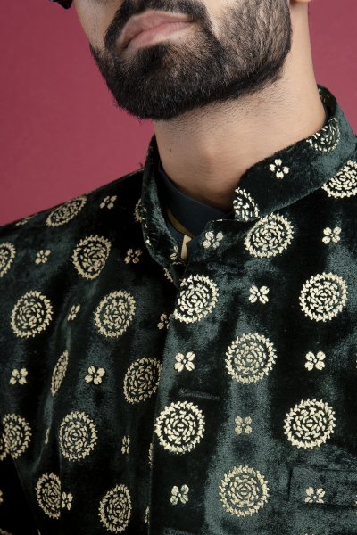 Velvet Bandhgala In Green