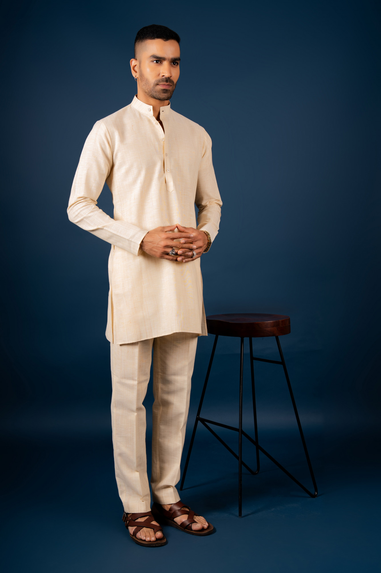 Khadi Textured Kurta Set In Cream