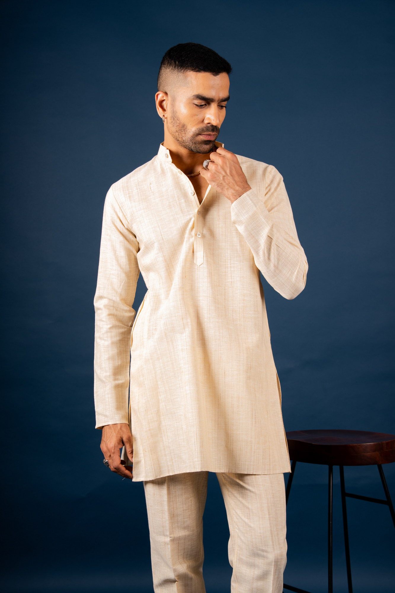 Khadi Textured Kurta Set In Cream