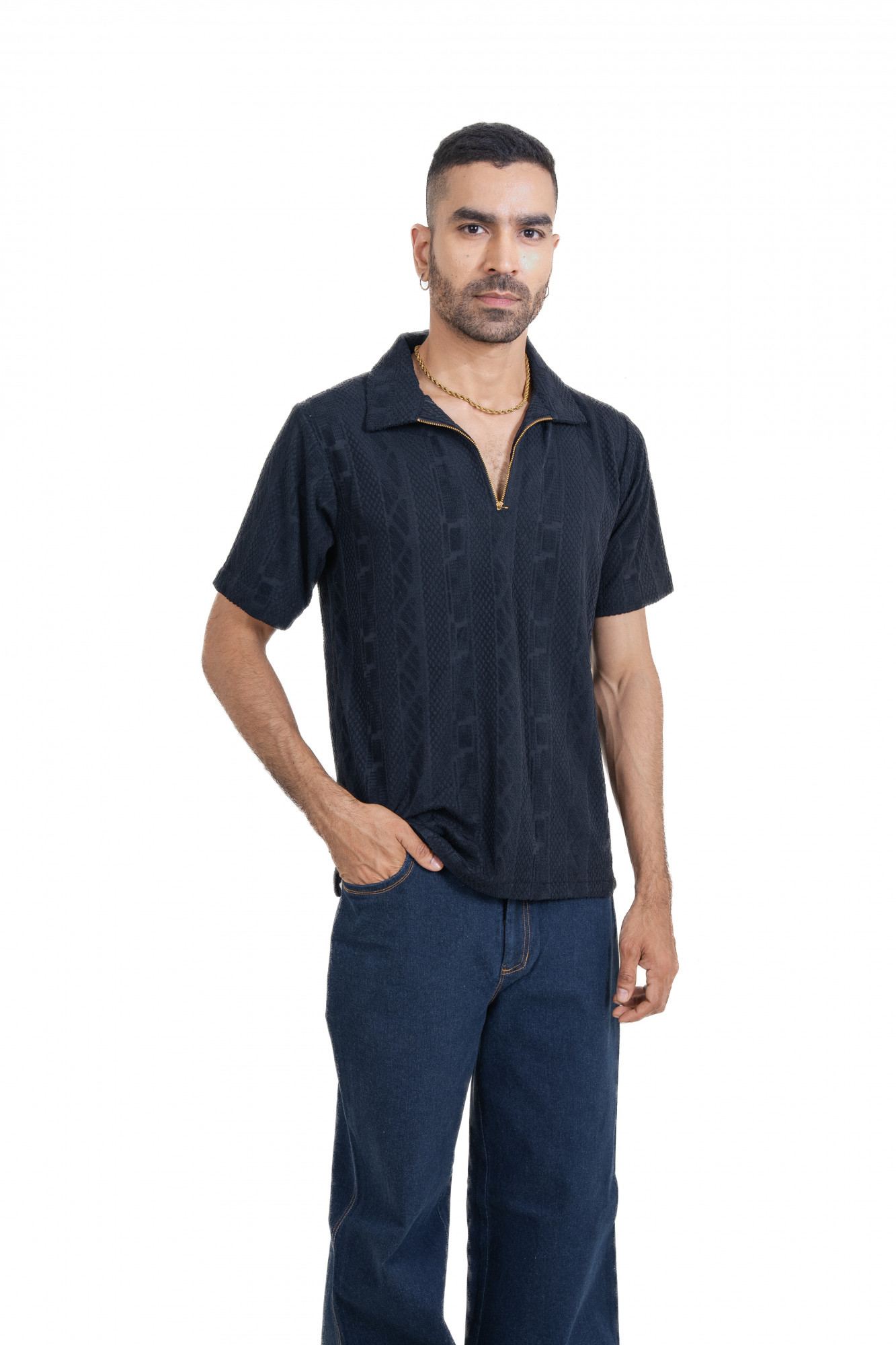 Textured Polo Zipper In Black