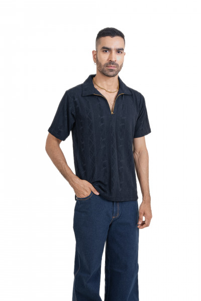 Textured Polo Zipper In Black