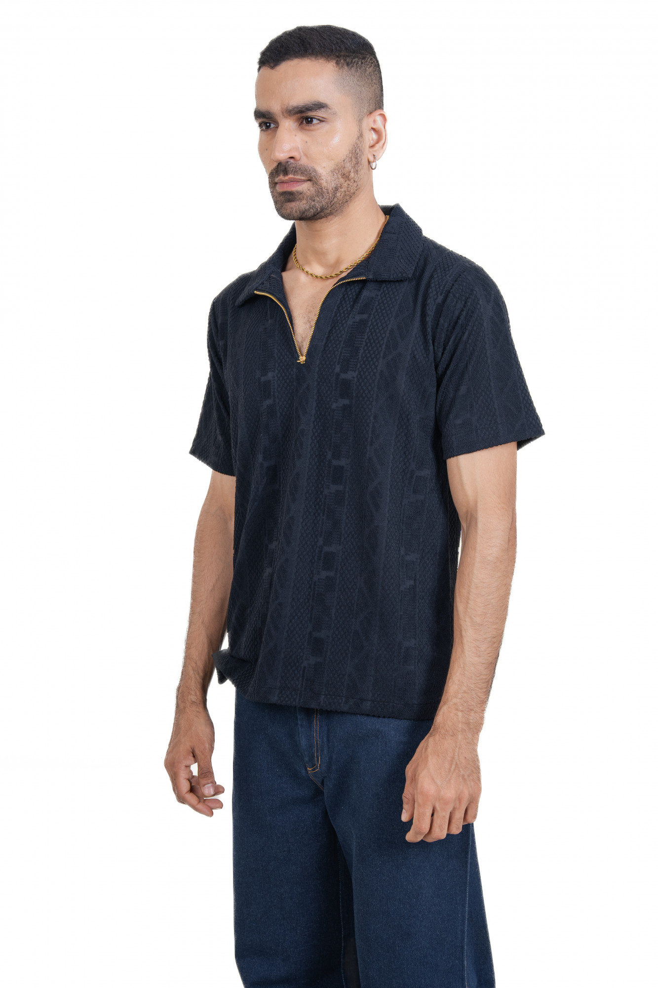 Textured Polo Zipper In Black