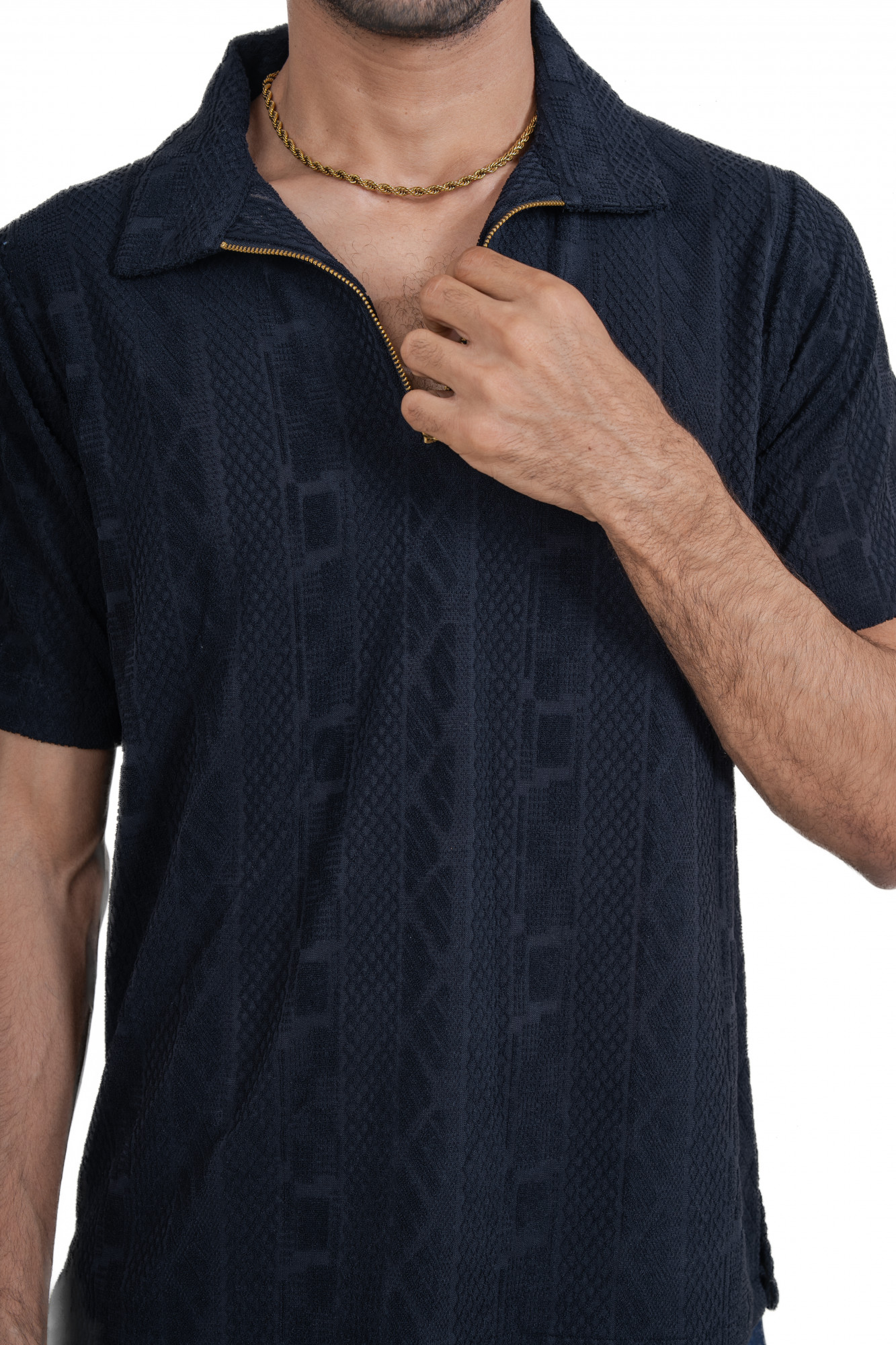 Textured Polo Zipper In Black