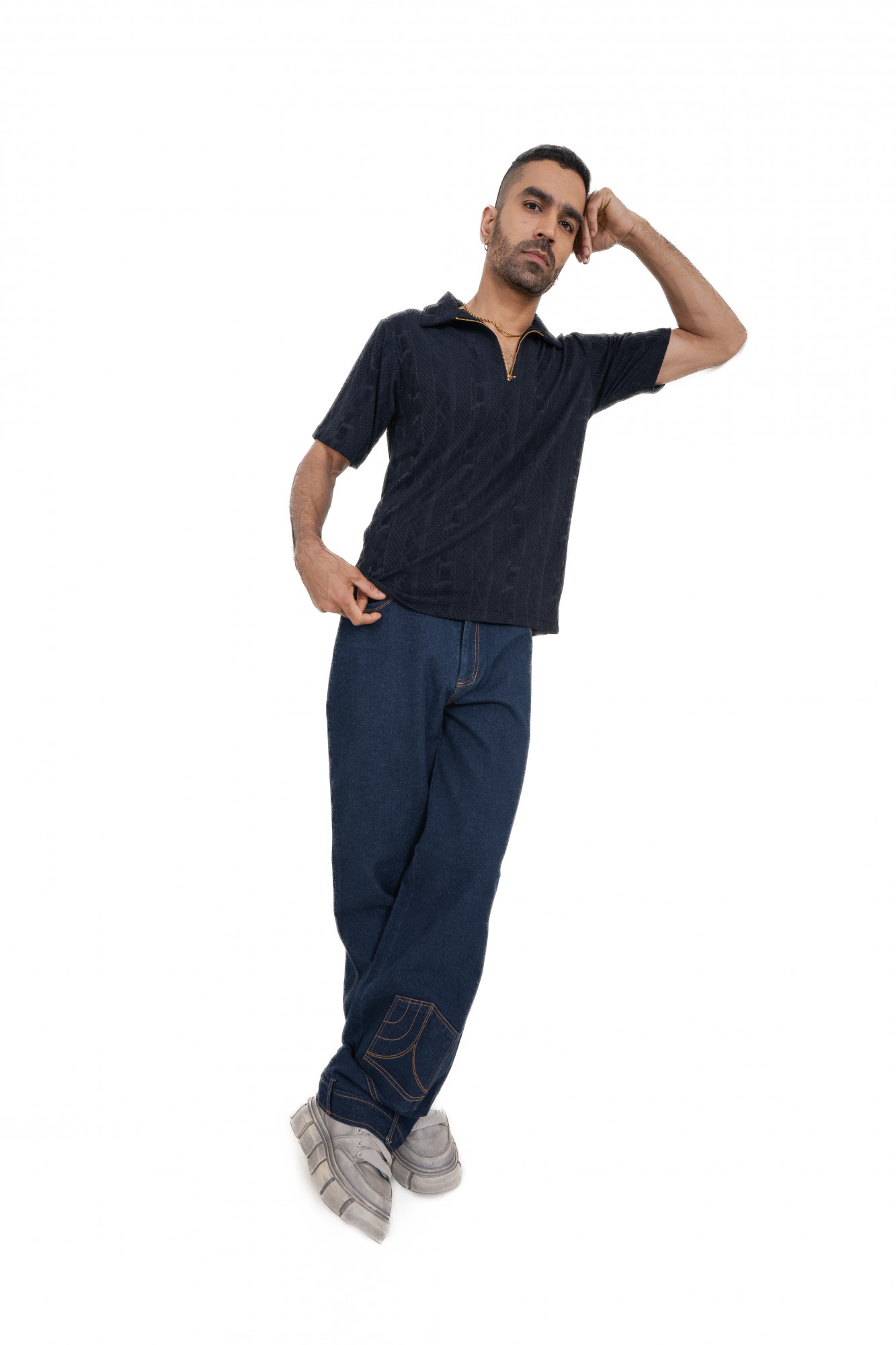 Textured Polo Zipper In Black