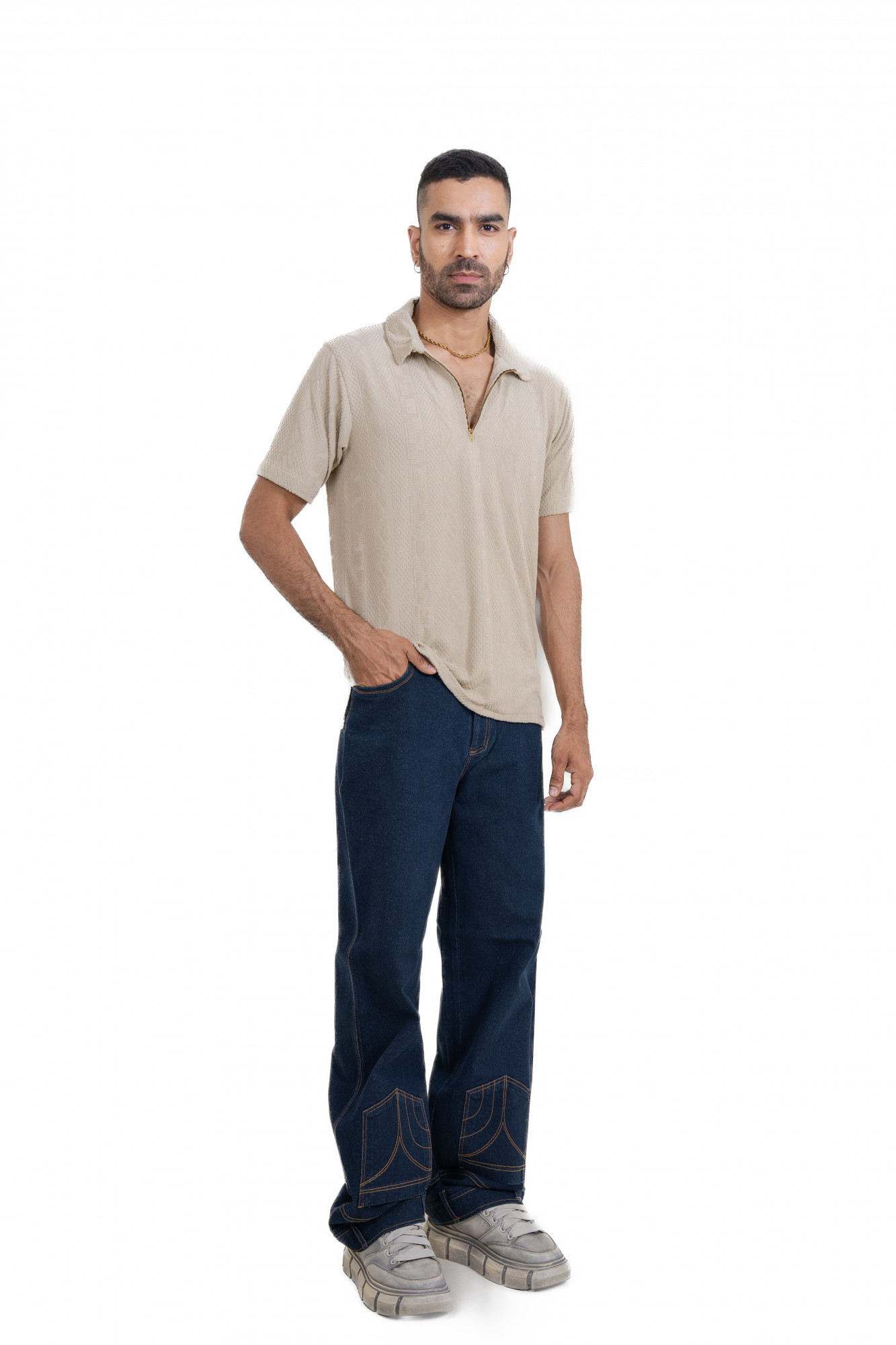 Textured Polo Zipper In Cream