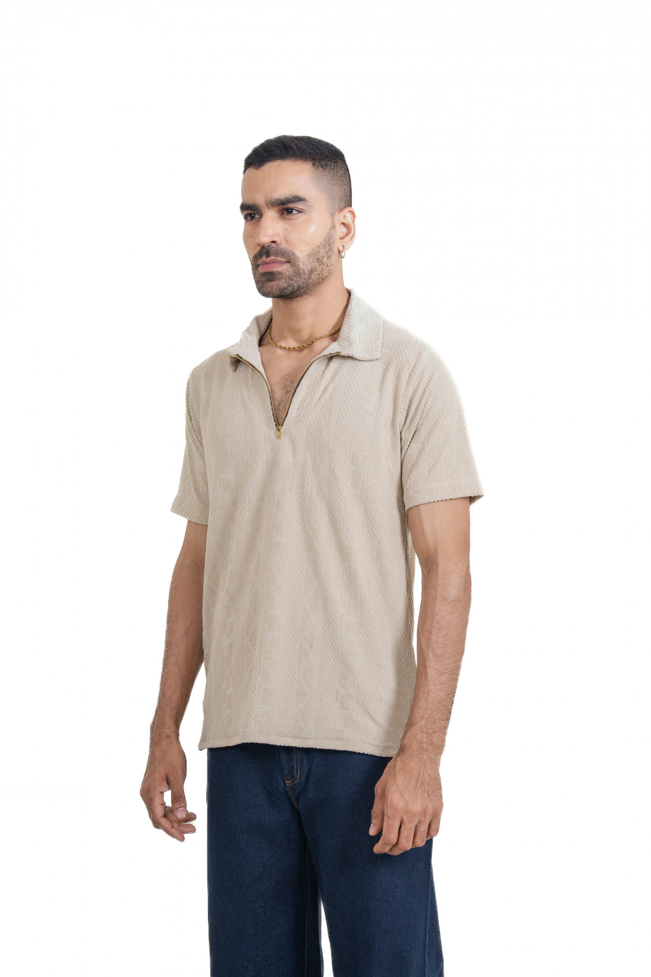 Textured Polo Zipper In Cream