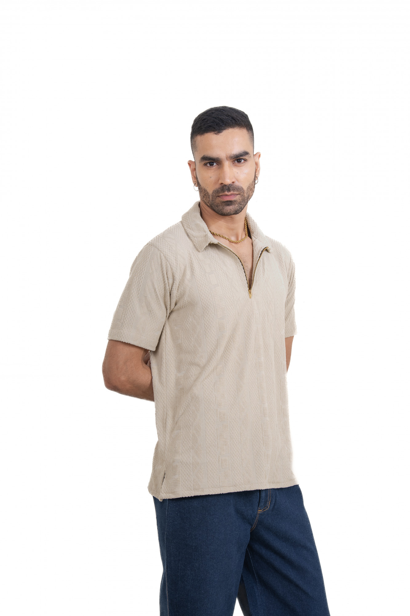 Textured Polo Zipper In Cream