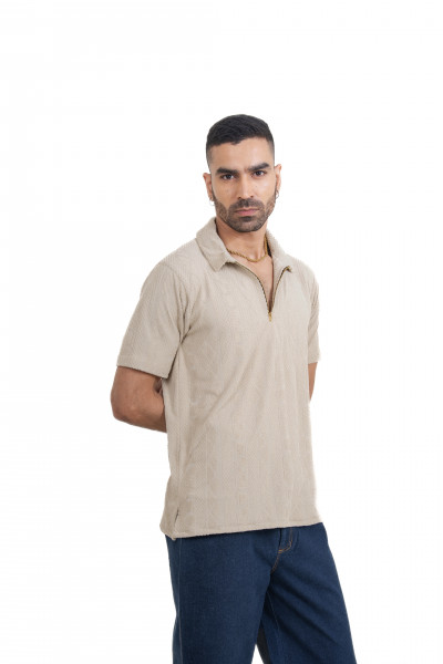 Textured Polo Zipper In Cream
