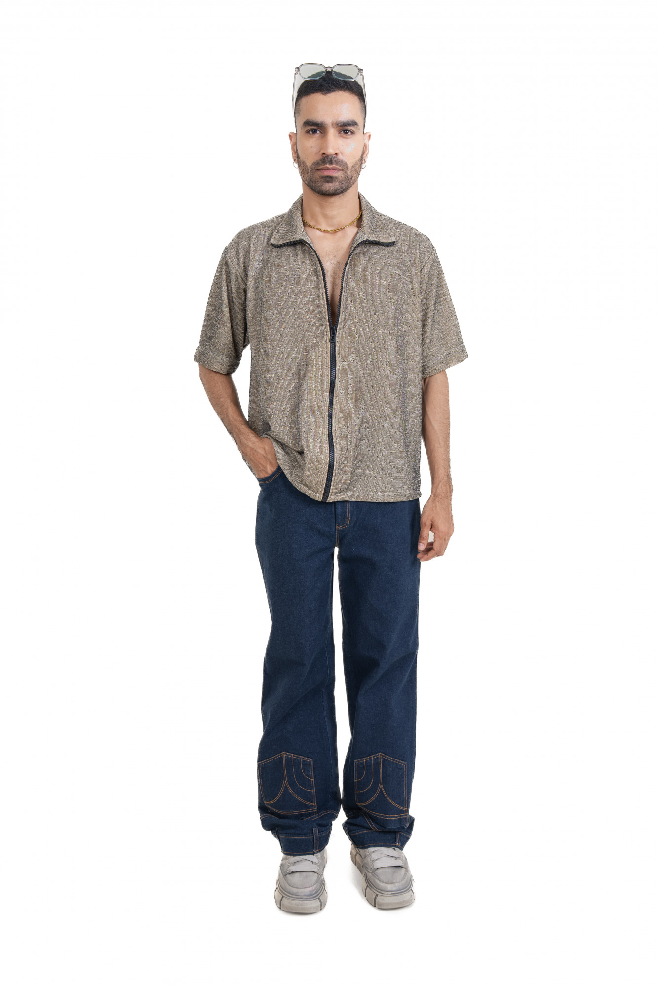 Knitted Zip Shirt In Road Cream