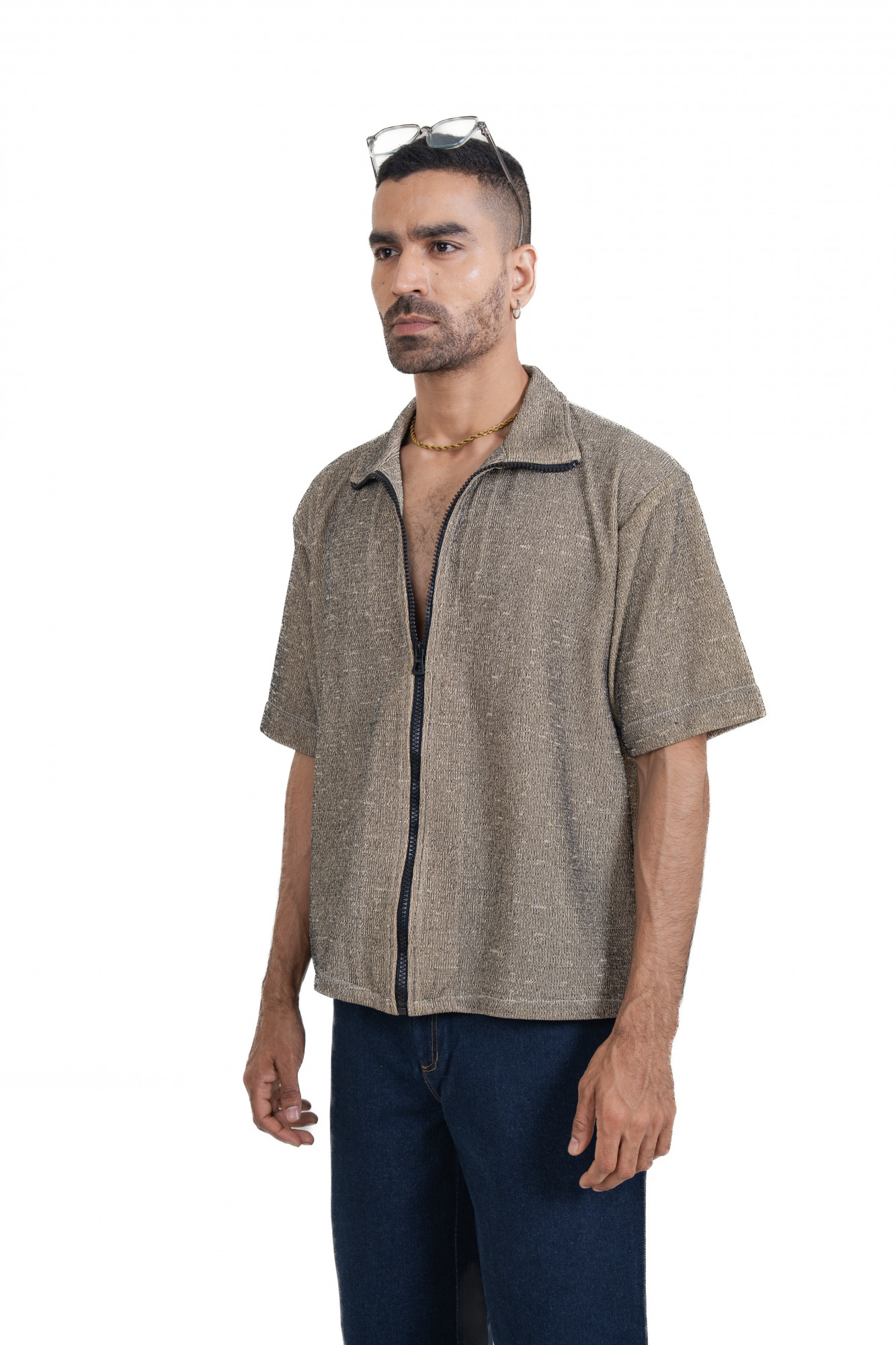 Knitted Zip Shirt In Road Cream