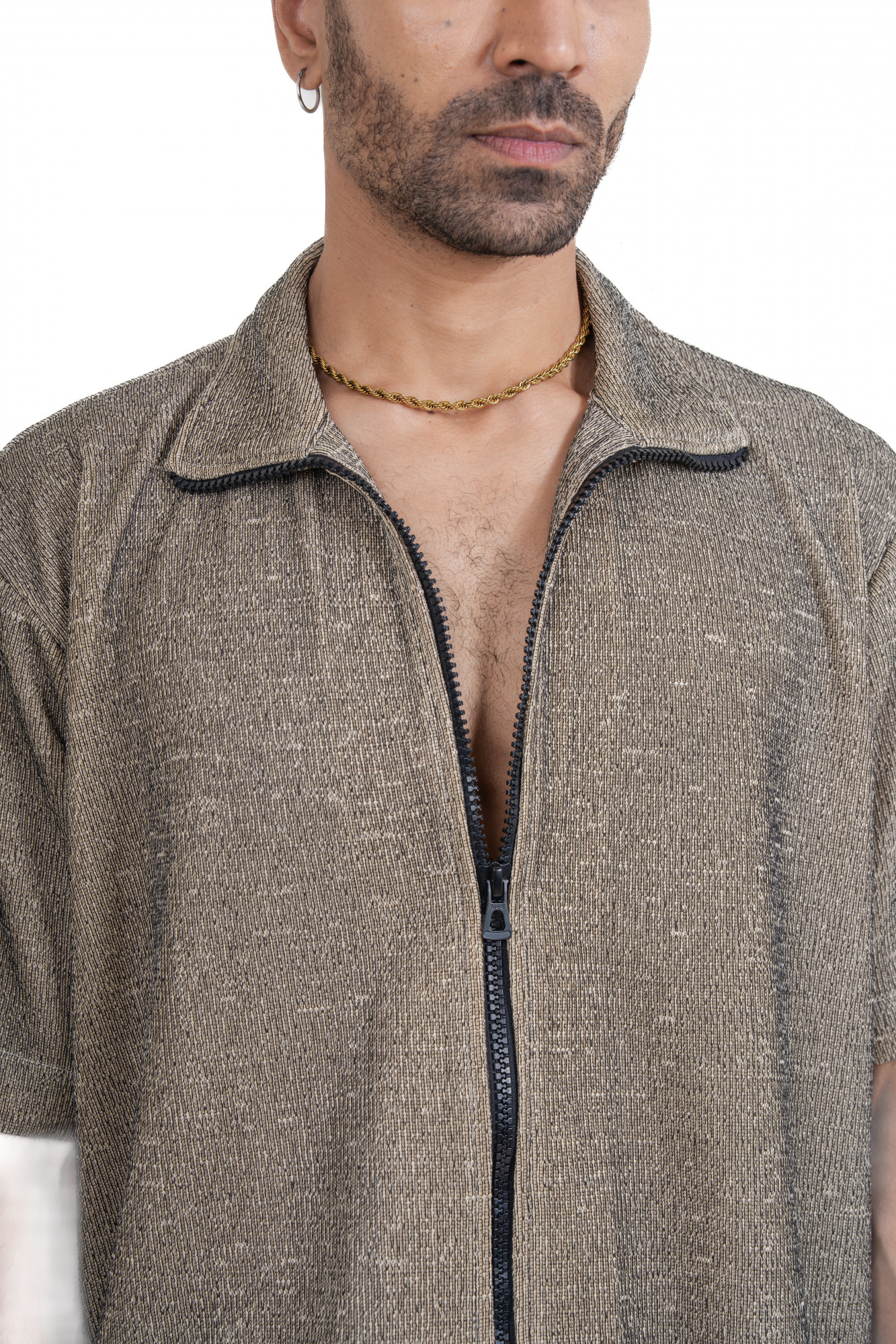Knitted Zip Shirt In Road Cream