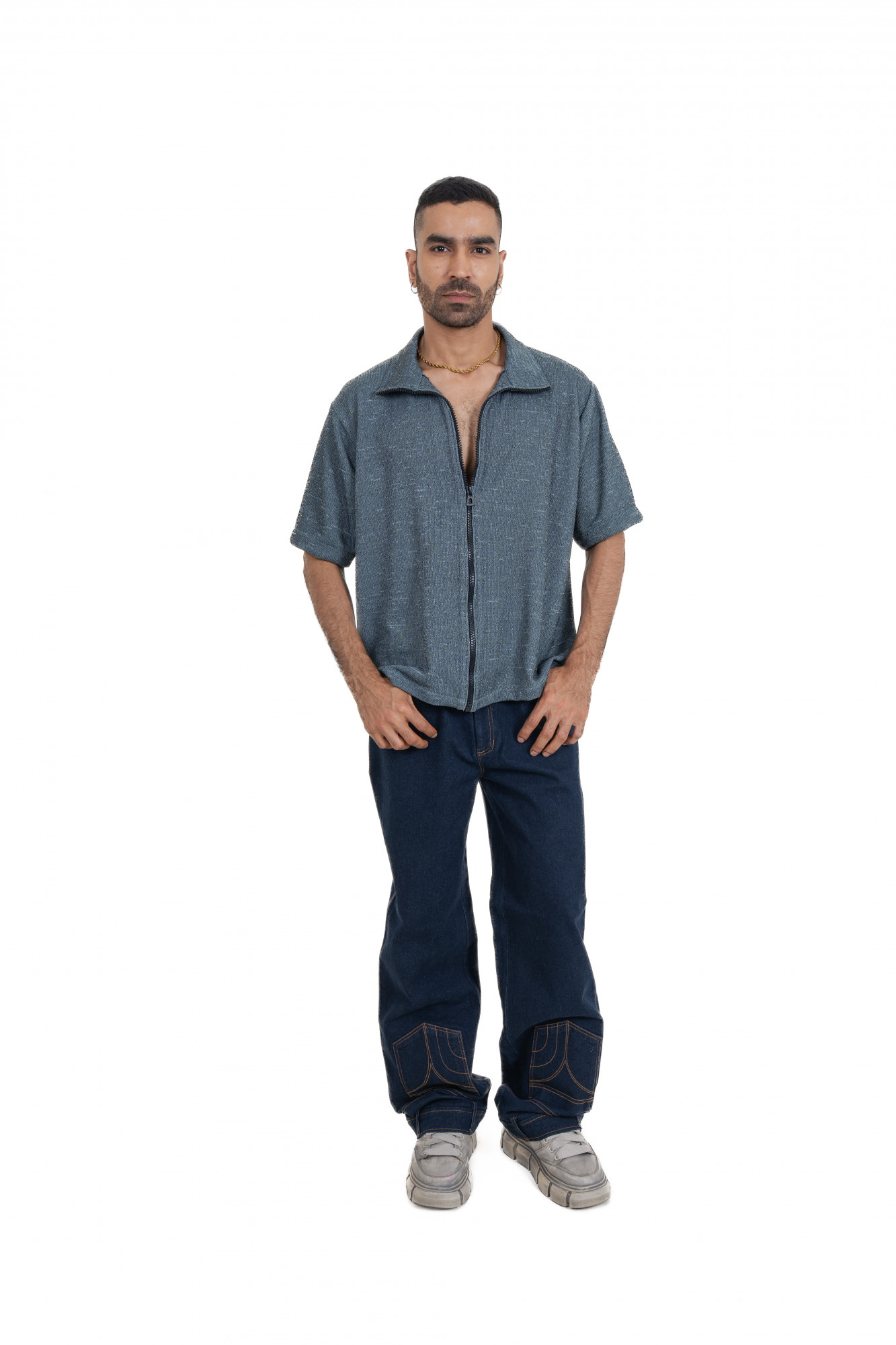 Knitted Zip Shirt In Iron Green