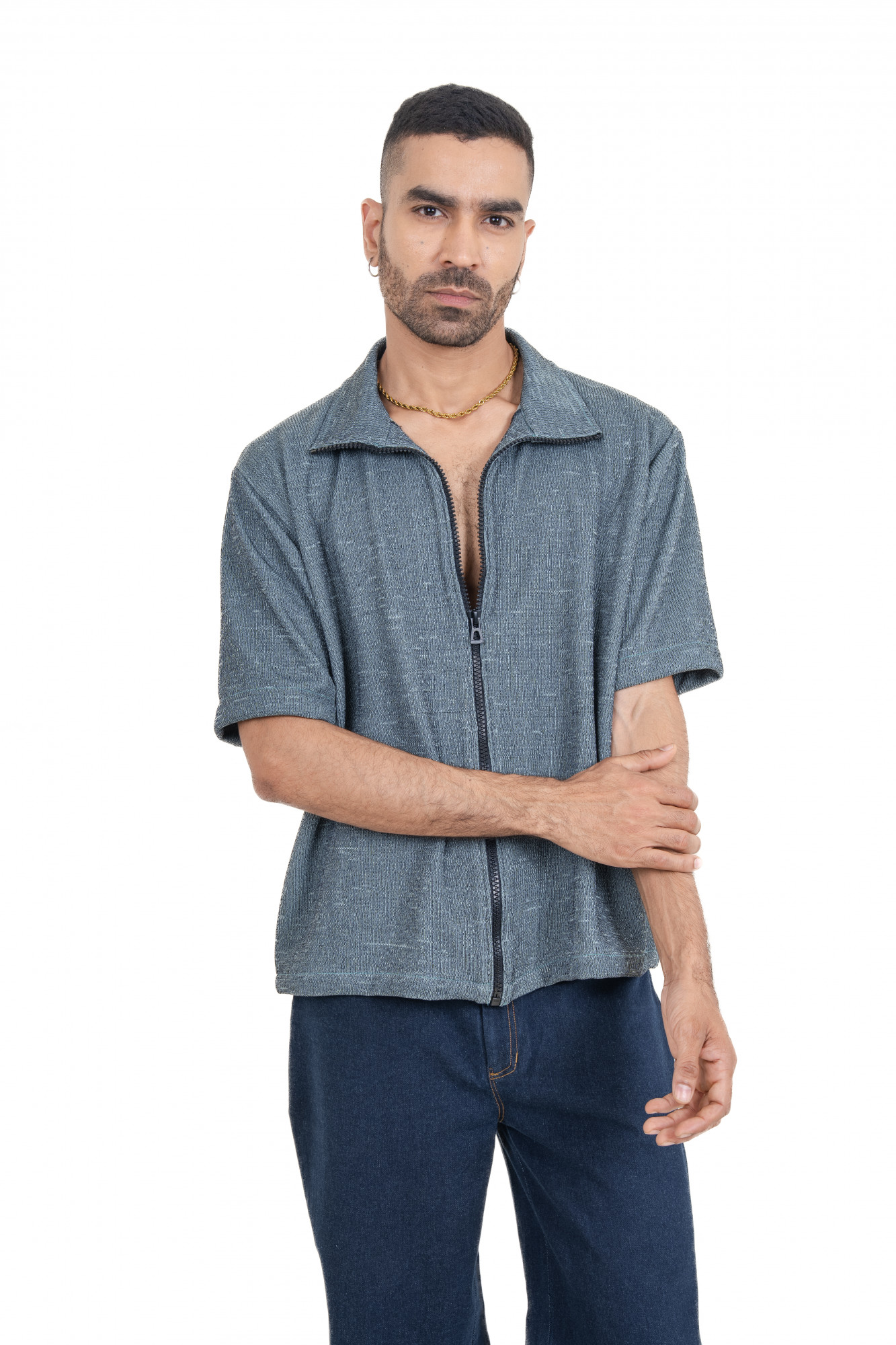 Knitted Zip Shirt In Iron Green