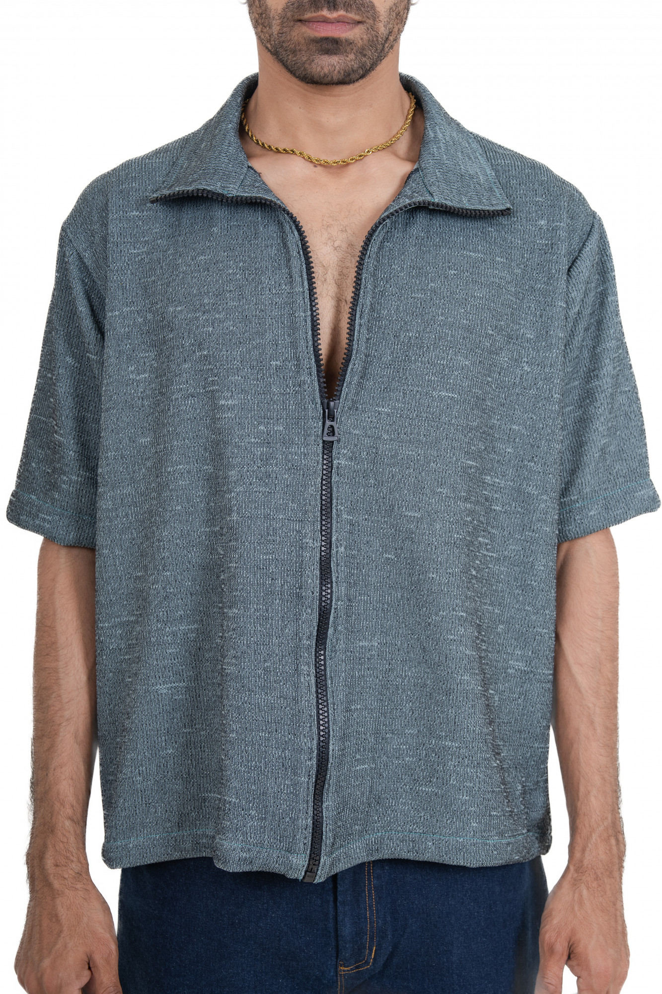 Knitted Zip Shirt In Iron Green