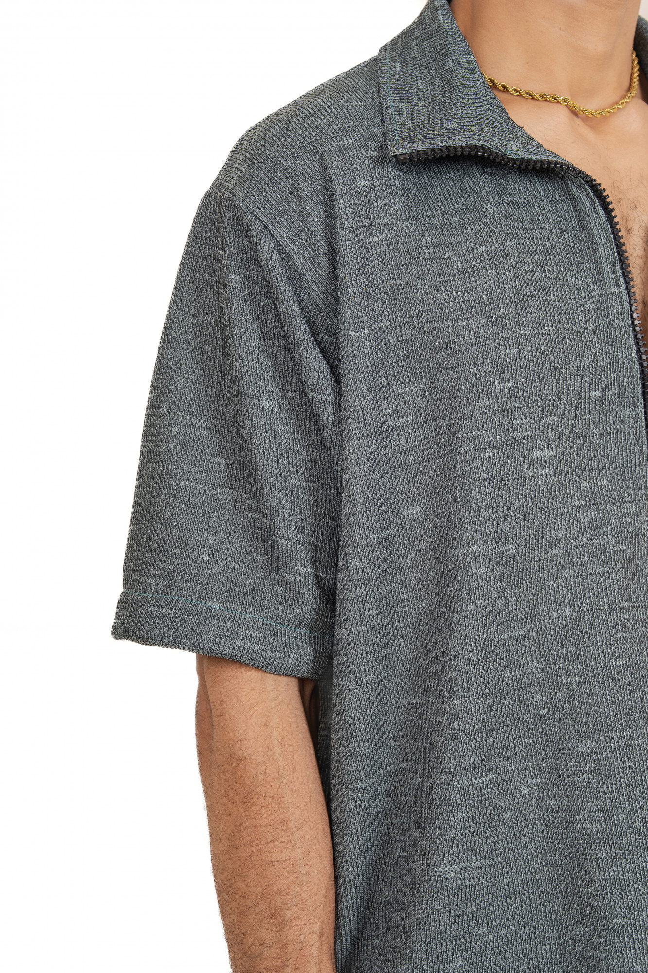 Knitted Zip Shirt In Iron Green