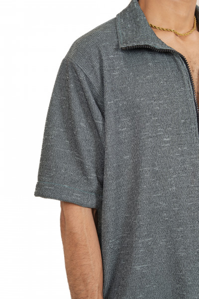 Knitted Zip Shirt In Iron Green