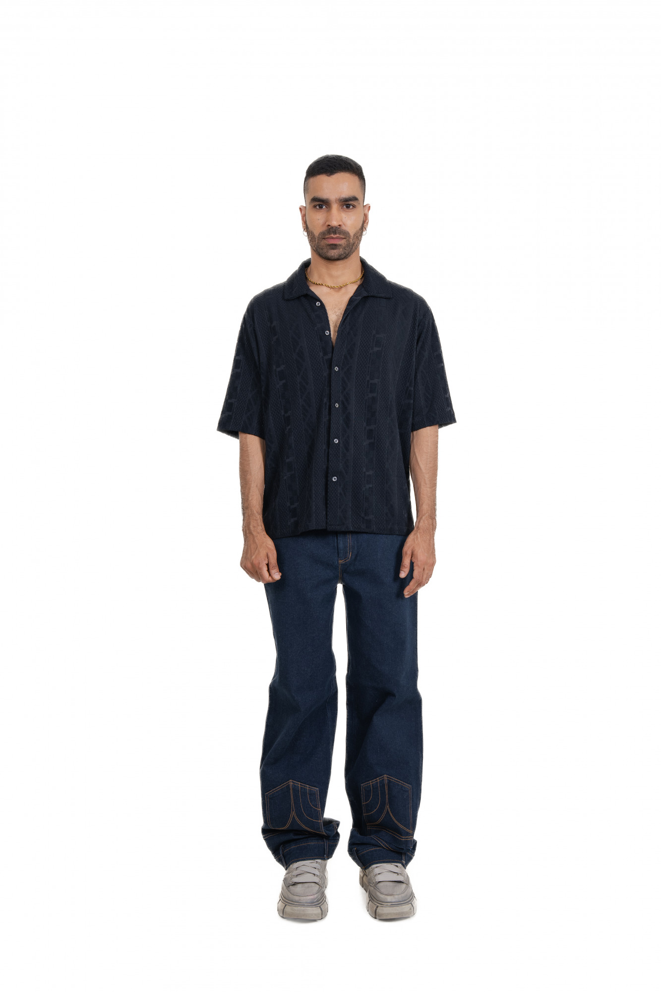 Black Knit Crochet Baggy Shirt