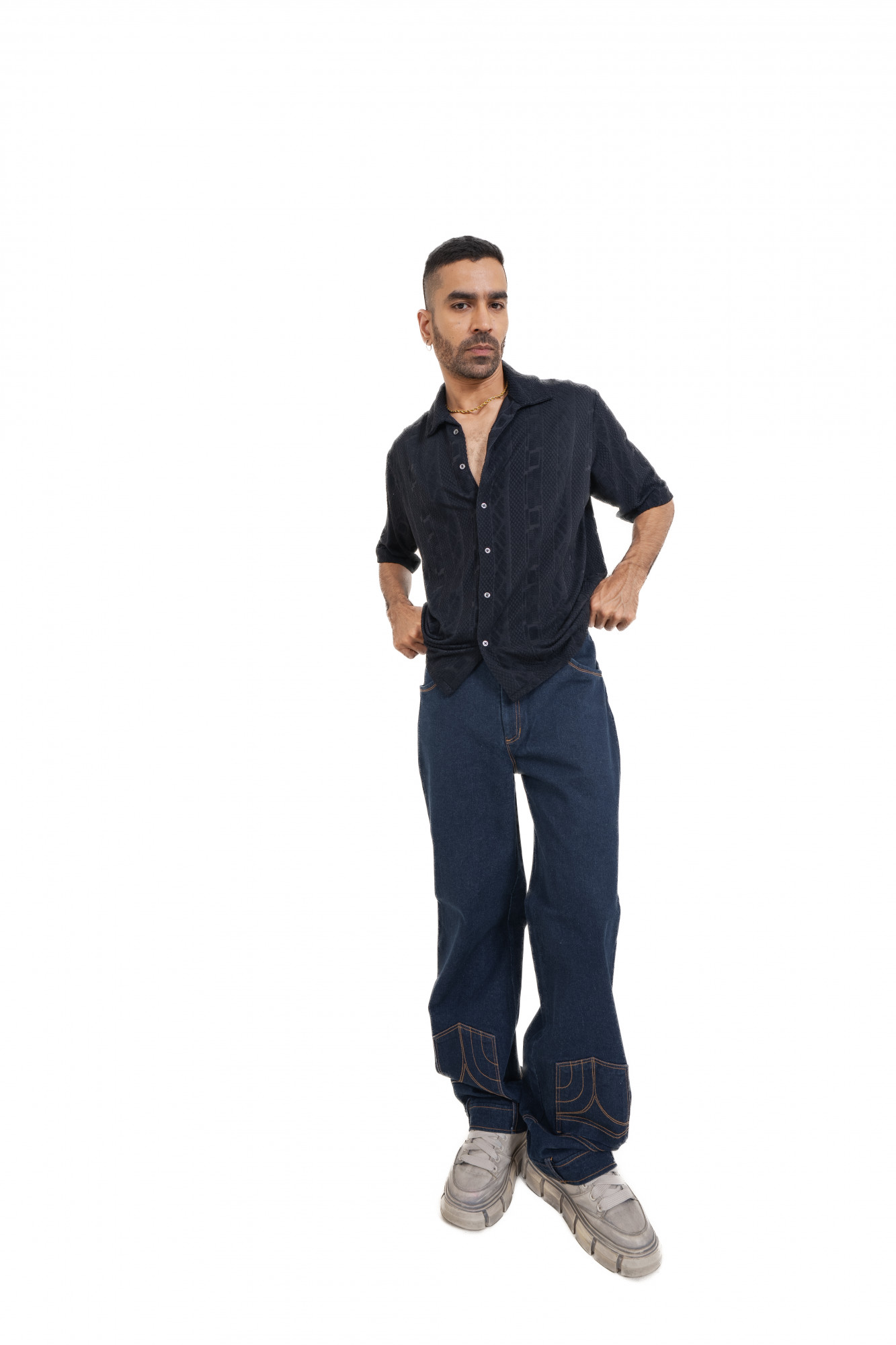 Black Knit Crochet Baggy Shirt