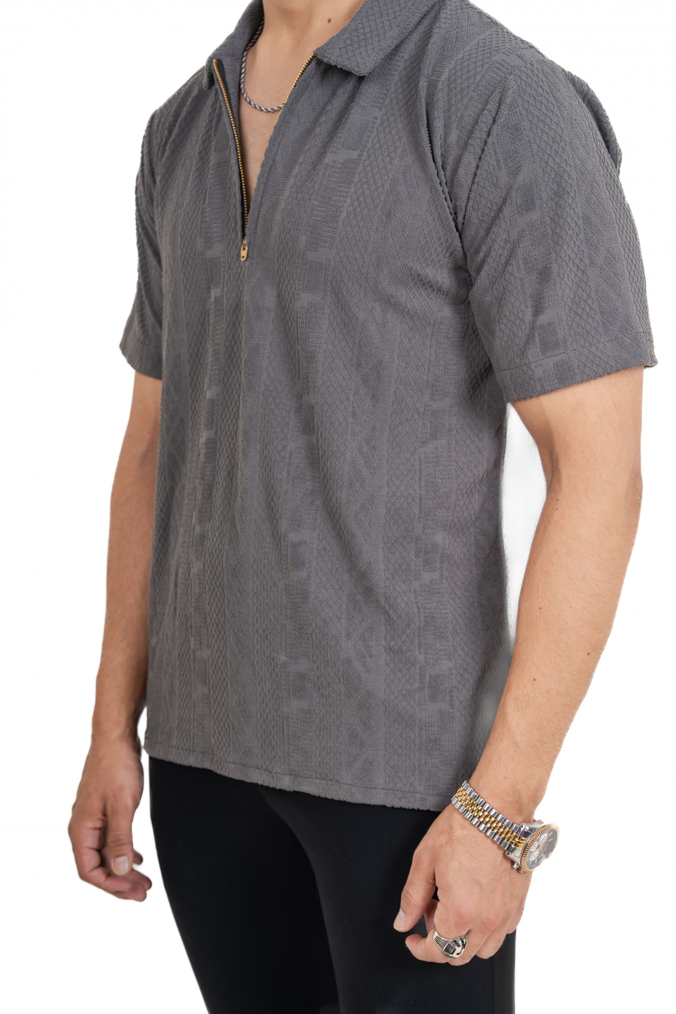 Textured Polo Zipper In Grey