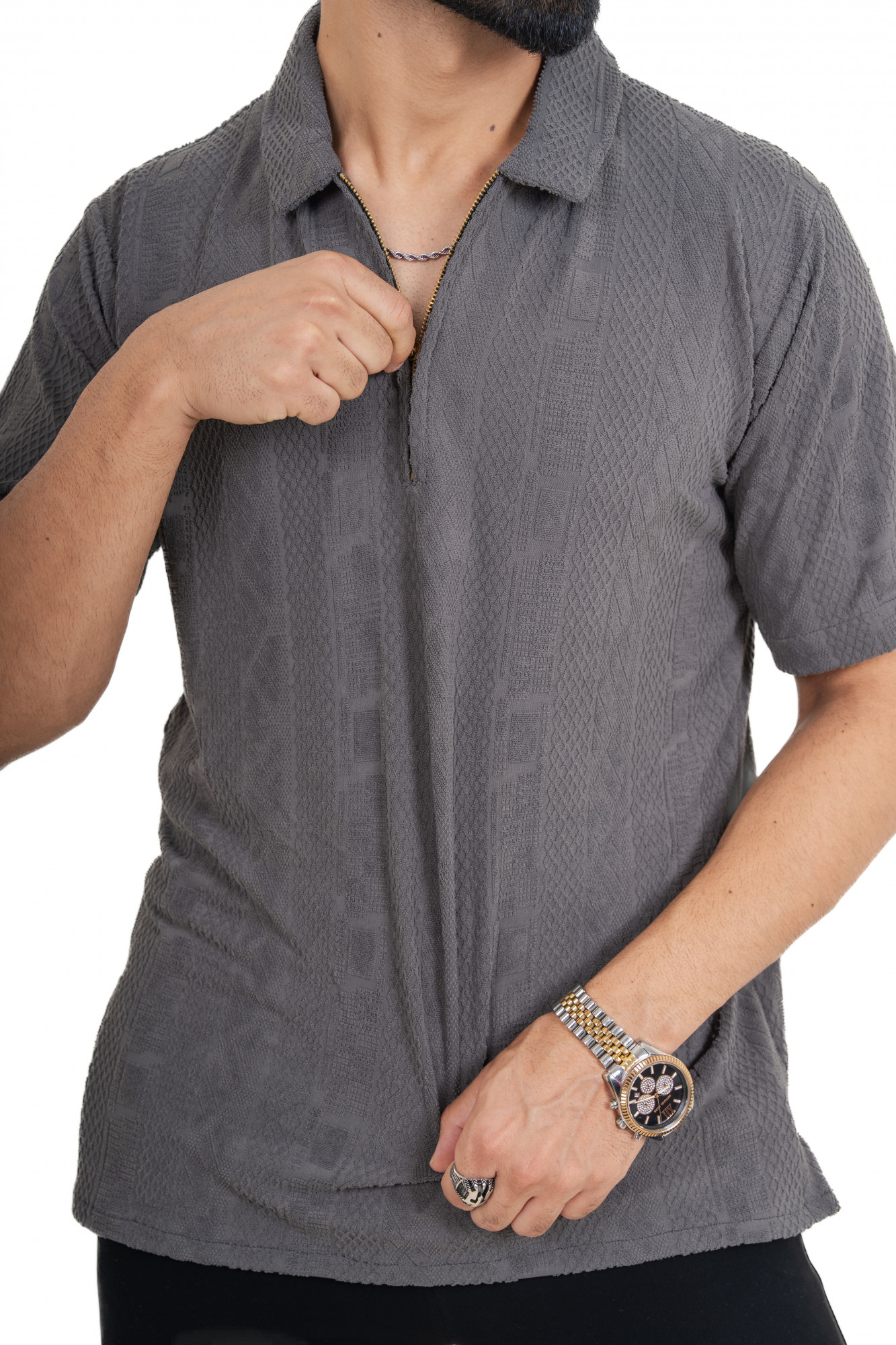 Textured Polo Zipper In Grey