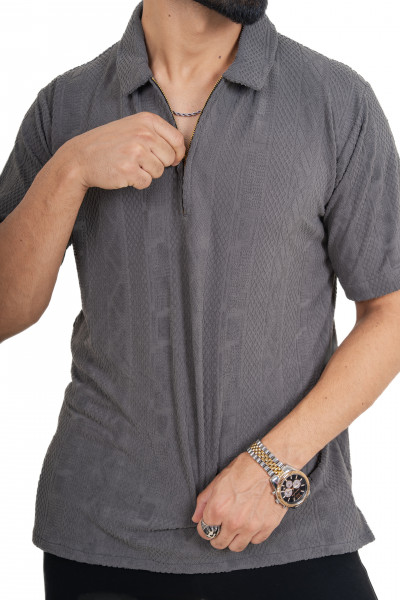 Textured Polo Zipper In Grey