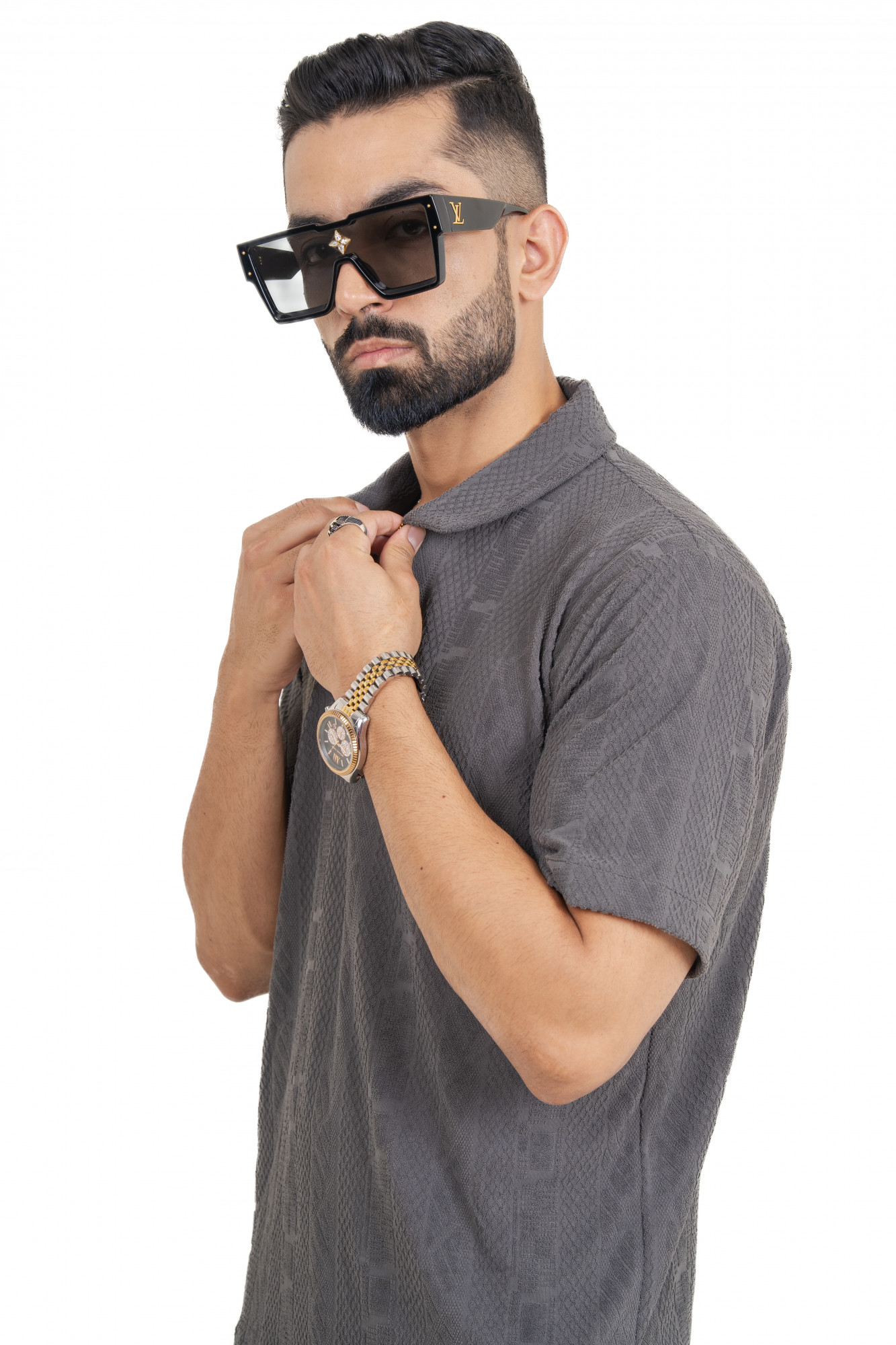 Textured Polo Zipper In Grey