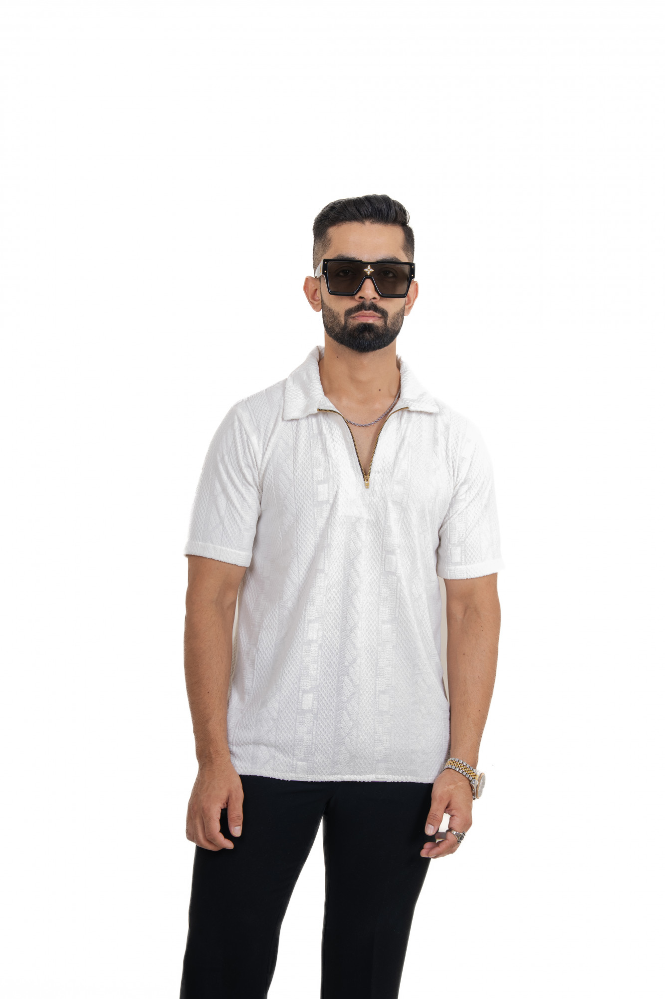 Textured Polo Zipper In White