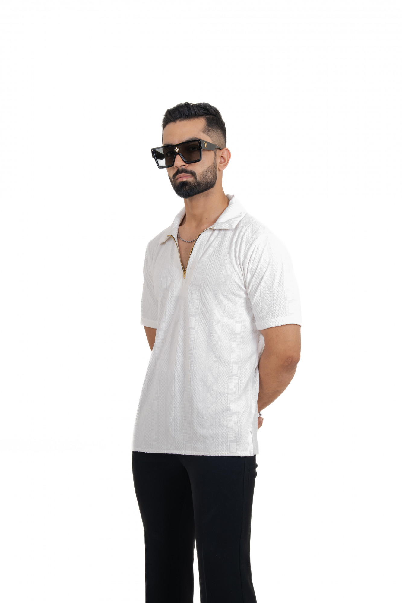 Textured Polo Zipper In White
