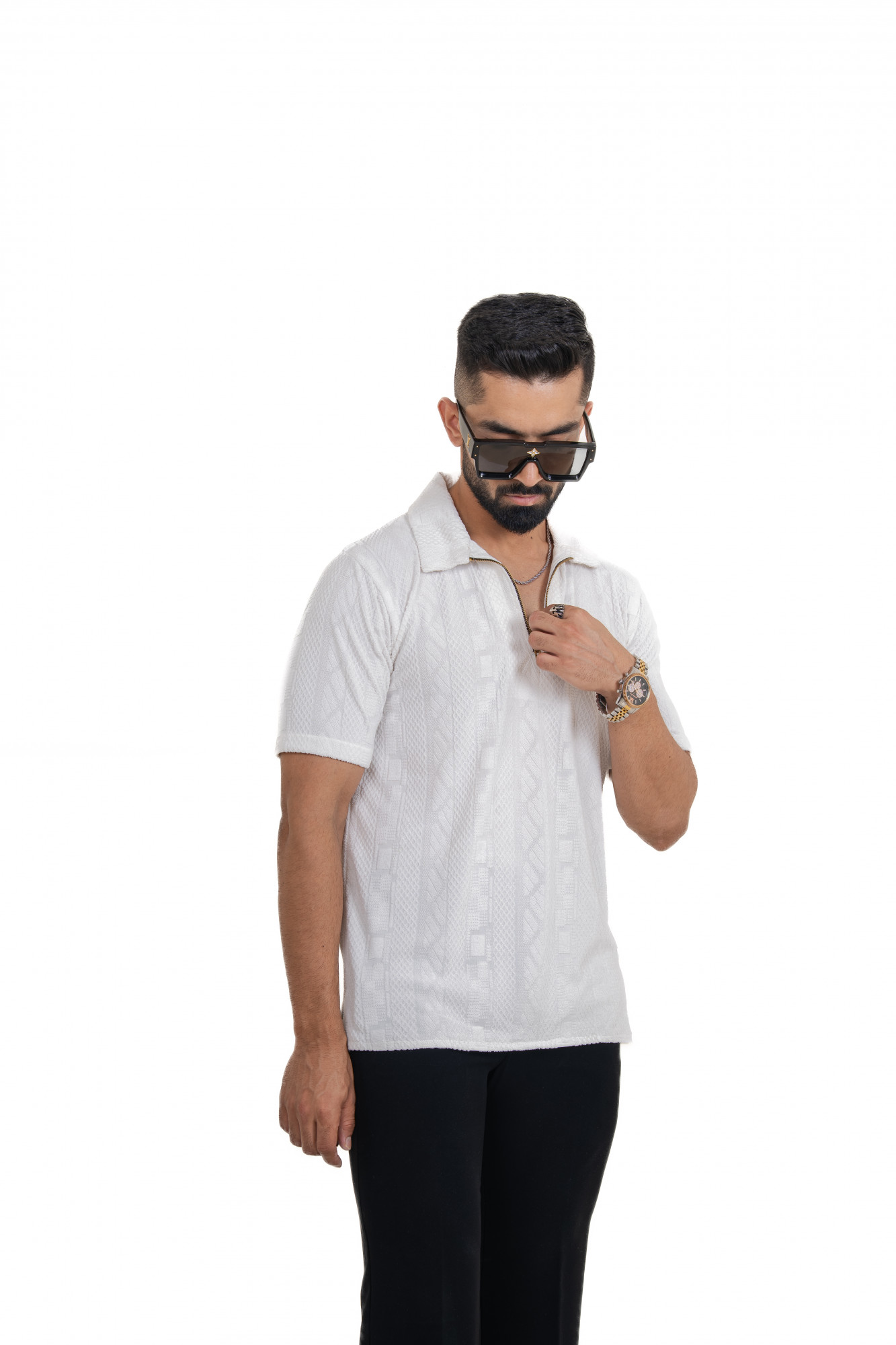 Textured Polo Zipper In White