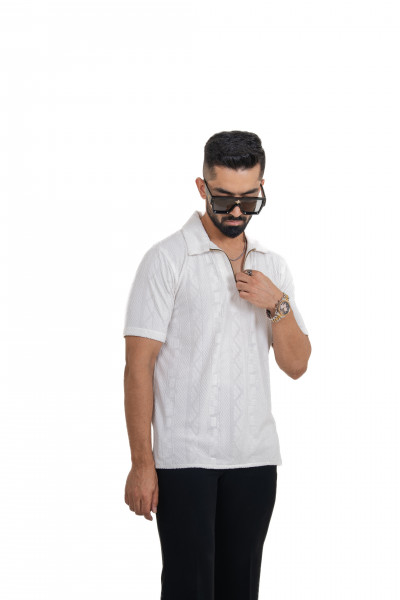 Textured Polo Zipper In White