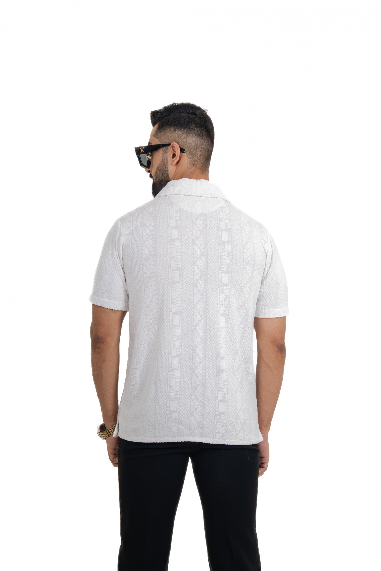 Textured Polo Zipper In White