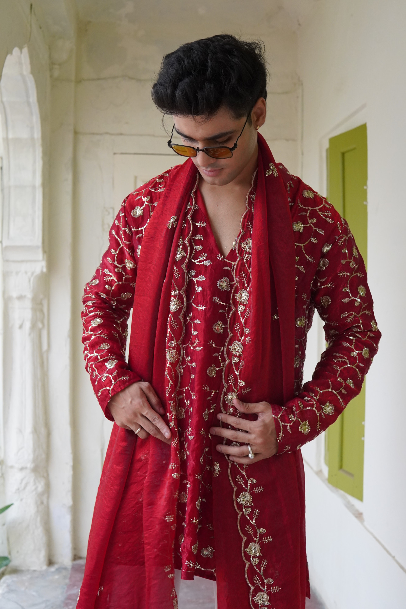Sequence Embroidered Kurta Dupatta In Red