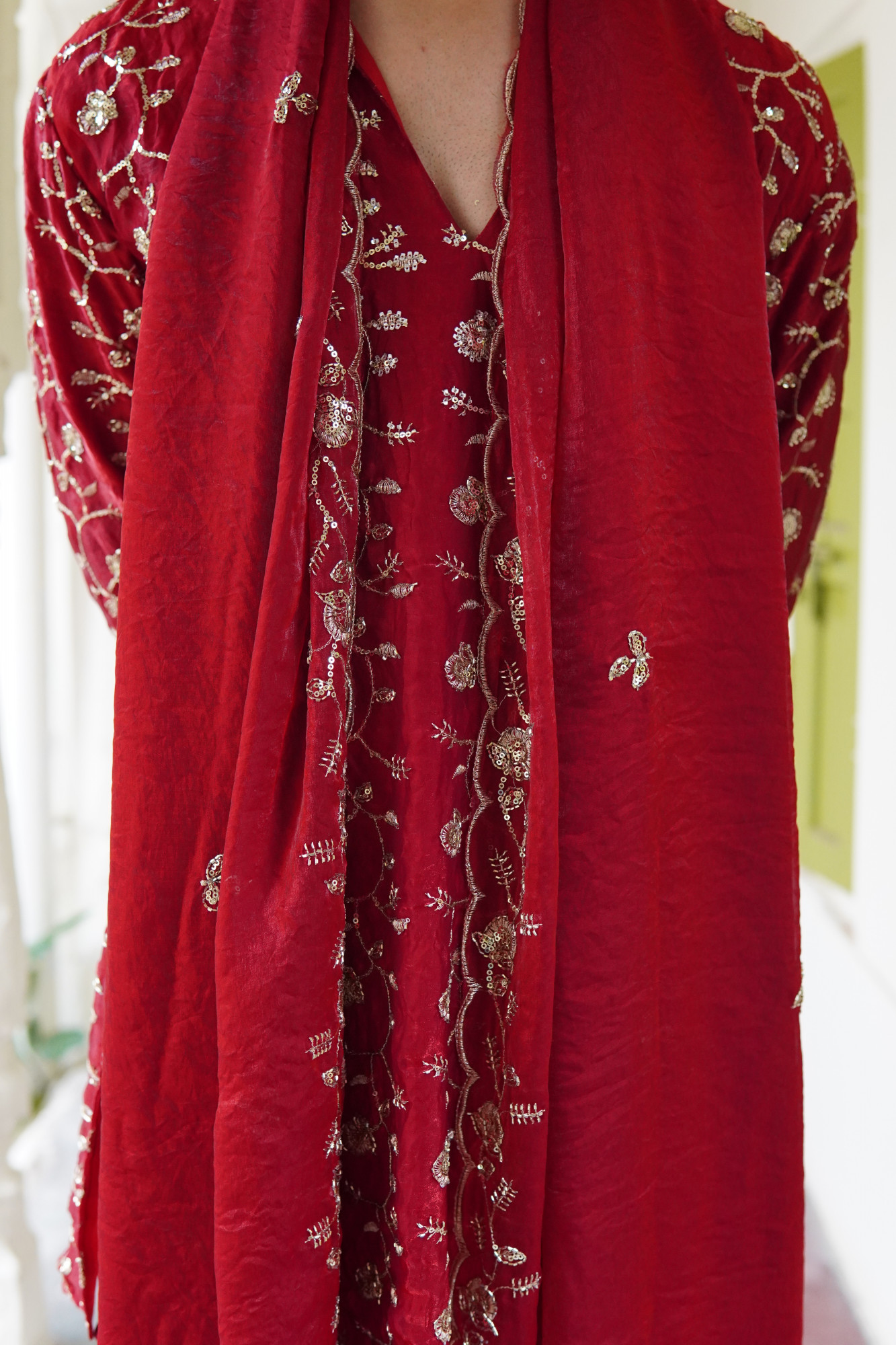 Sequence Embroidered Kurta Dupatta In Red